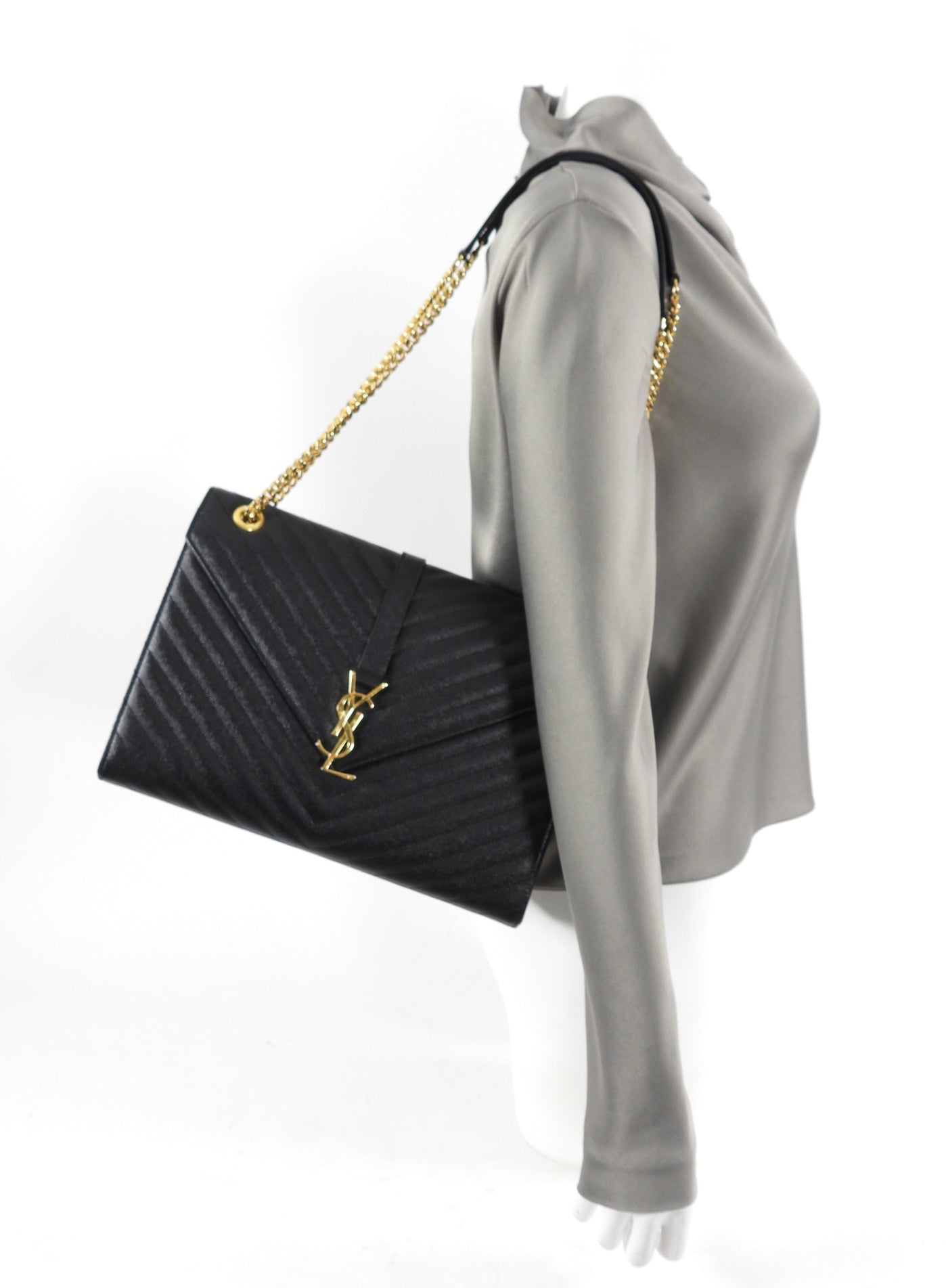 Saint Laurent Large Black Chevron Envelope Flap Bag