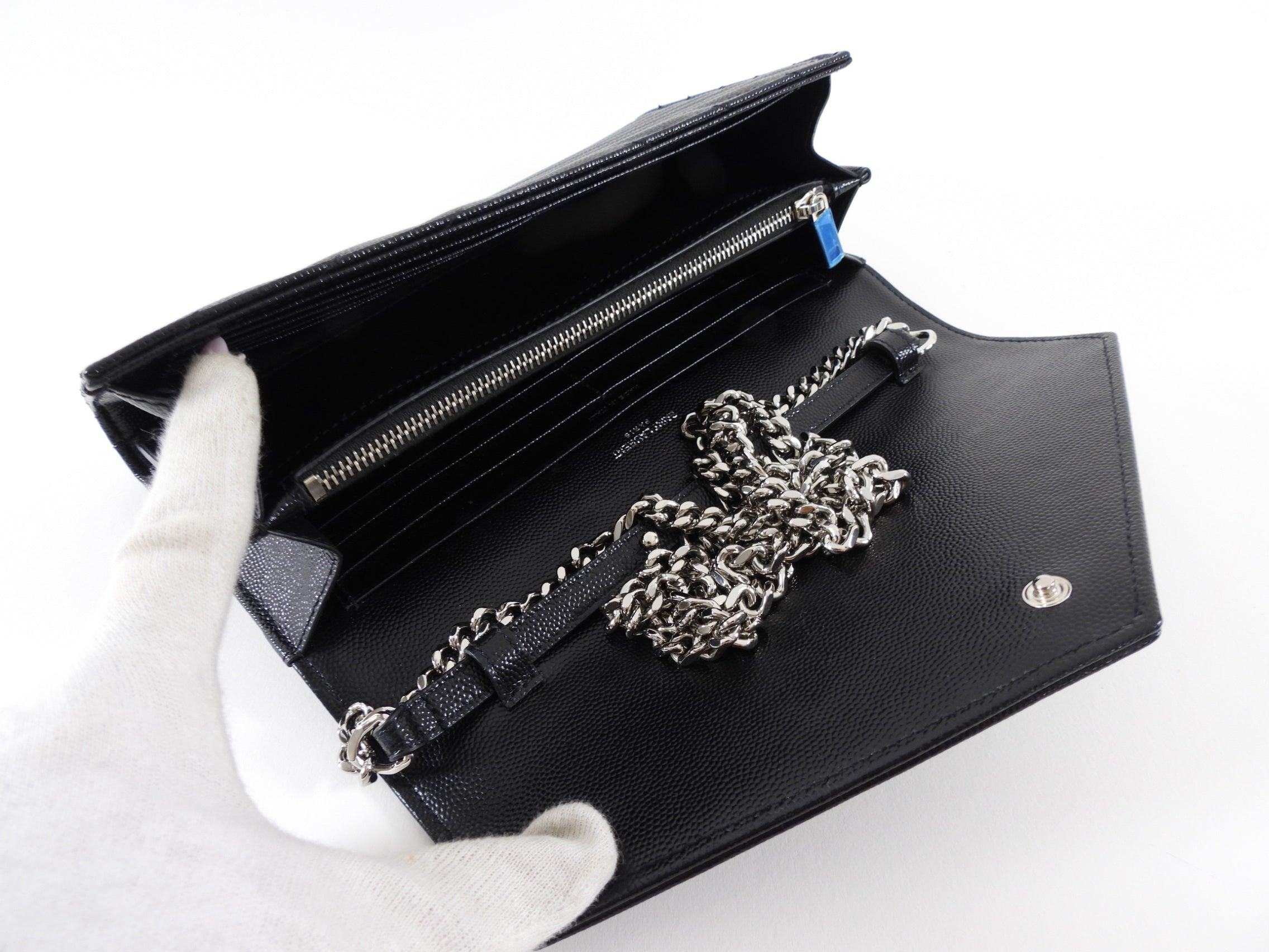 Saint Laurent Black Chevron Small Envelope Wallet on Chain Flap Bag