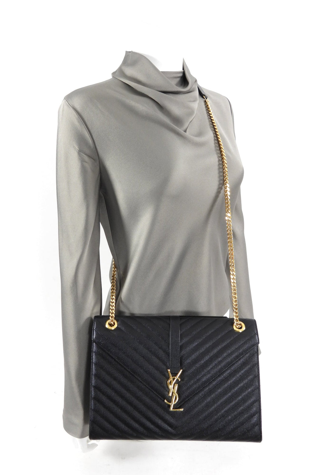Saint Laurent Large Black Chevron Envelope Flap Bag