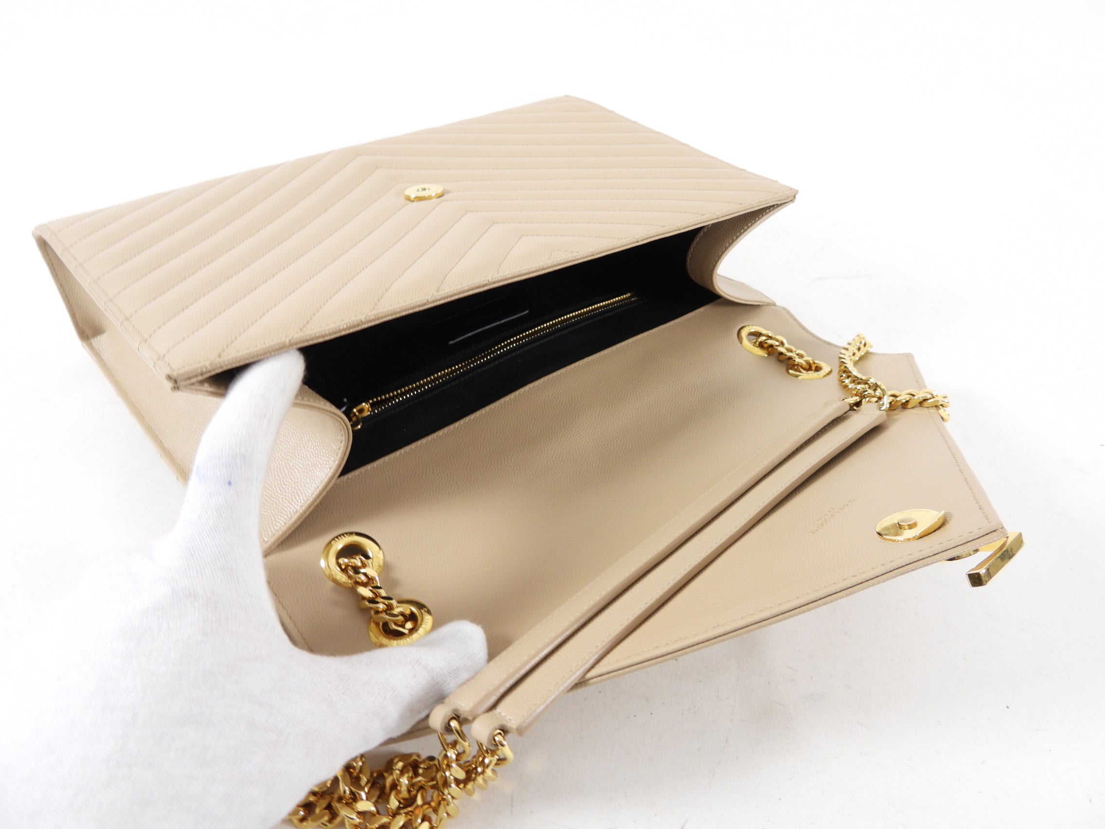 Saint Laurent Large Beige Chevron Envelope Flap Bag