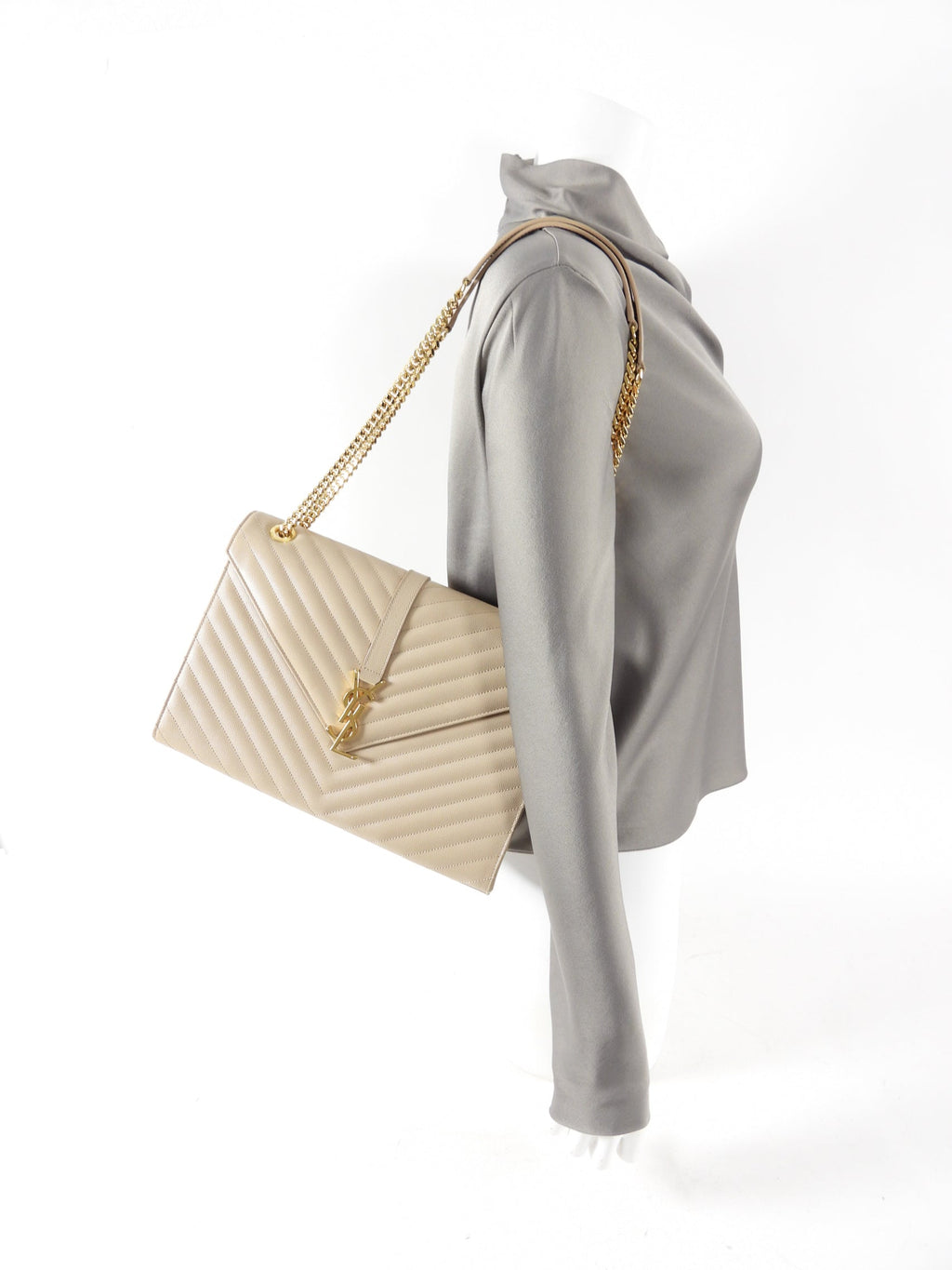 Saint Laurent Large Beige Chevron Envelope Flap Bag
