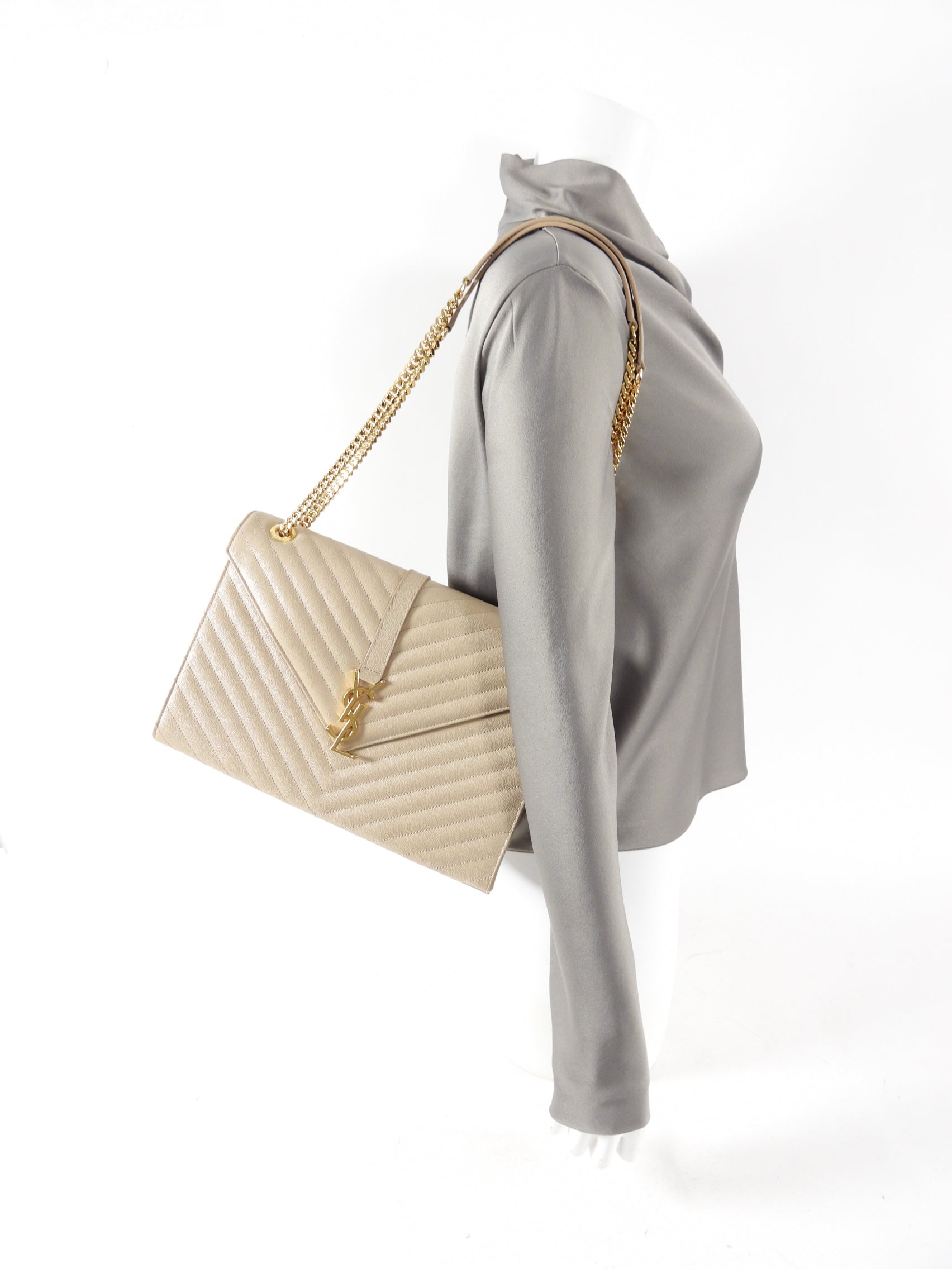 Saint Laurent Large Beige Chevron Envelope Flap Bag