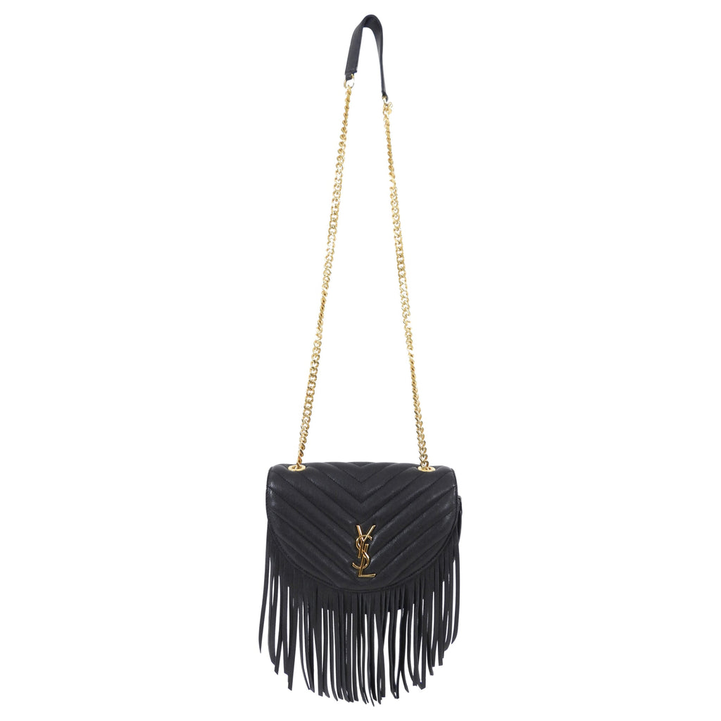 Saint Laurent Black Chevron Quilt Fringe Chain Shoulder Bag
