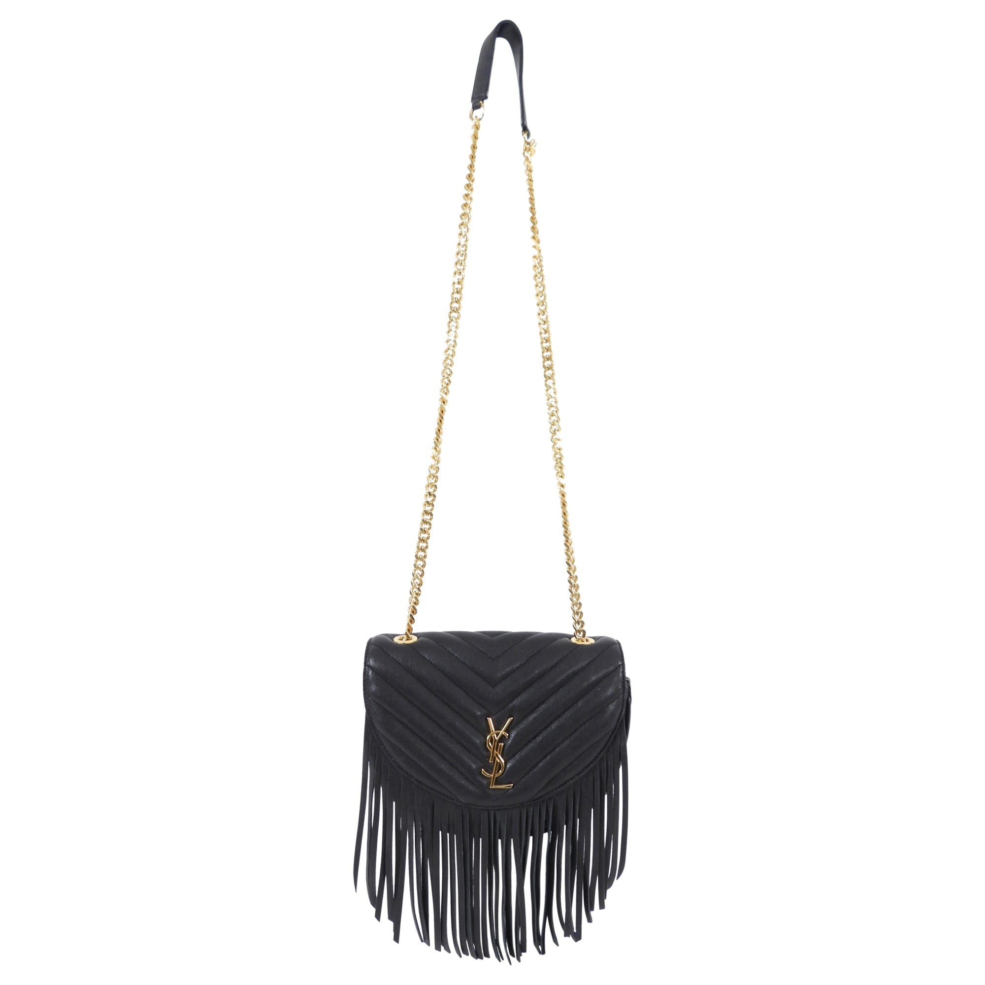 Saint Laurent Black Chevron Quilt Fringe Chain Shoulder Bag