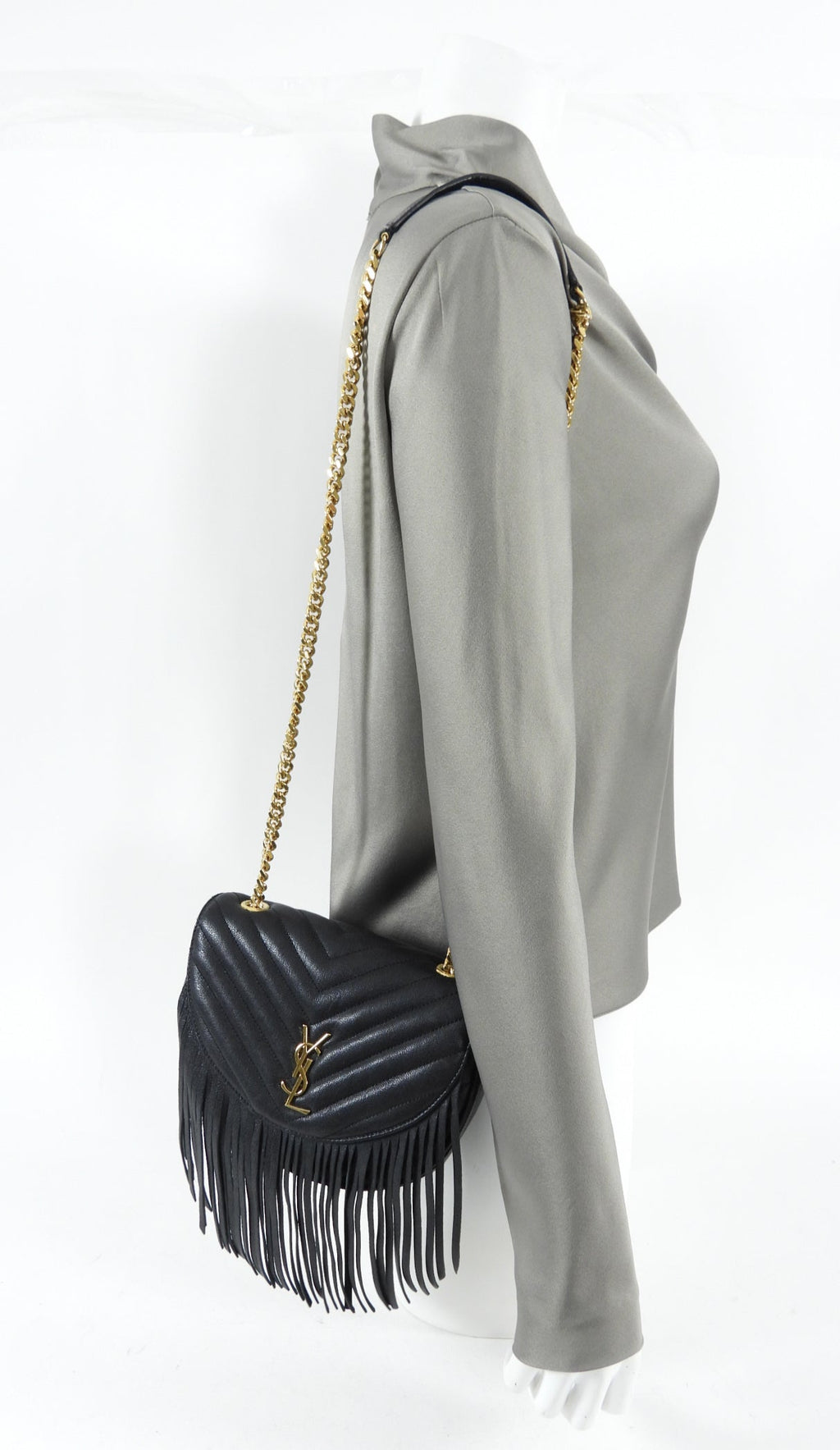 Saint Laurent Black Chevron Quilt Fringe Chain Shoulder Bag