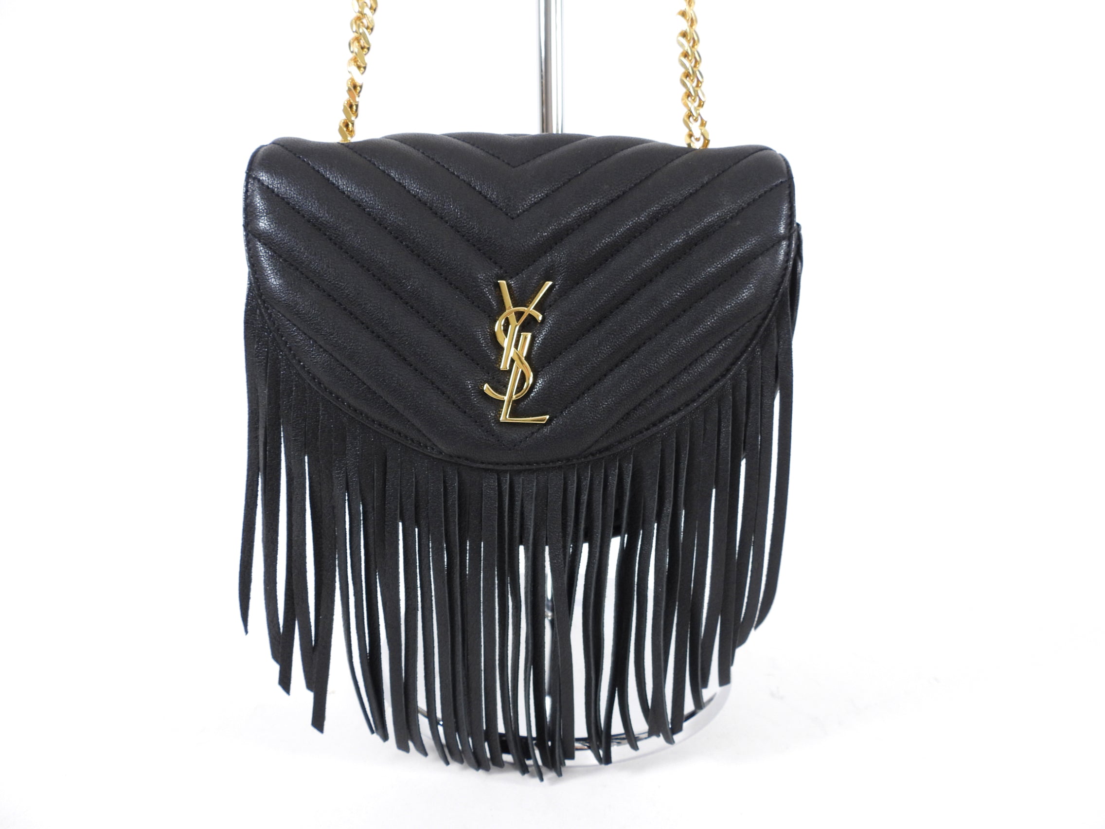 Saint Laurent Black Chevron Quilt Fringe Chain Shoulder Bag