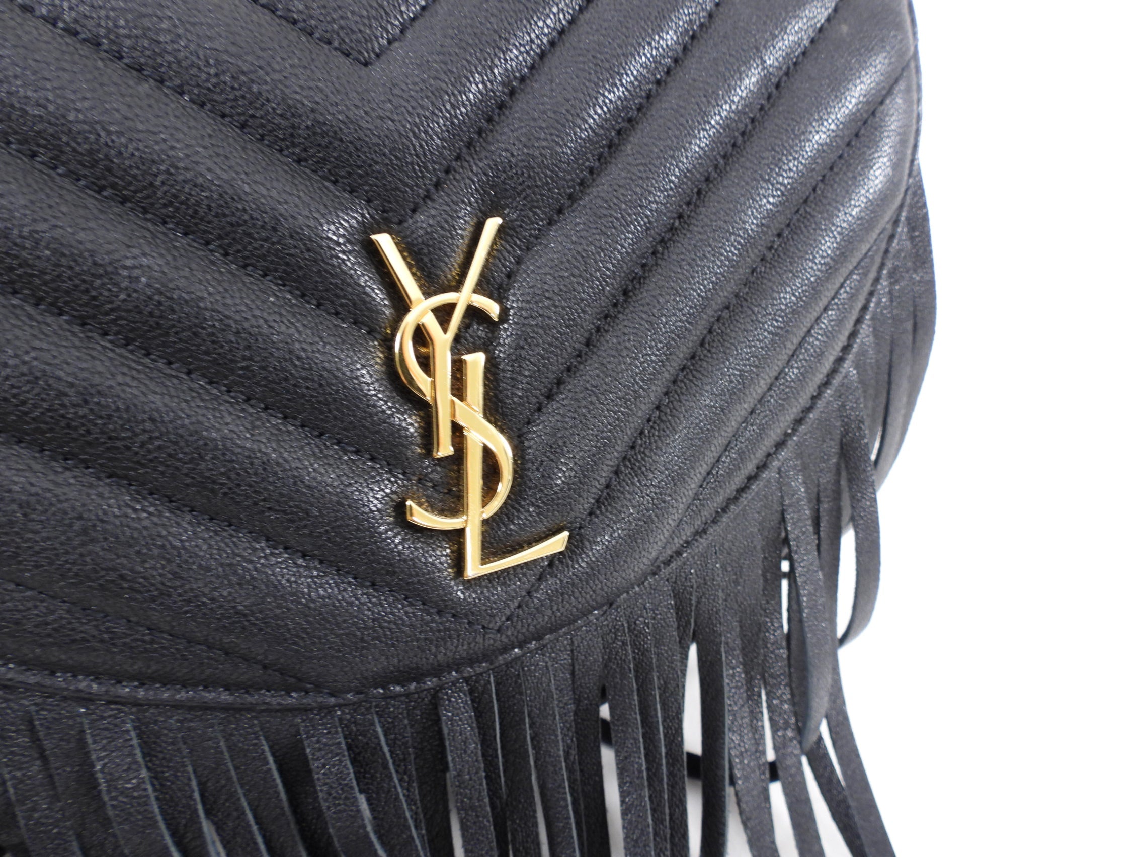 Saint Laurent Black Chevron Quilt Fringe Chain Shoulder Bag