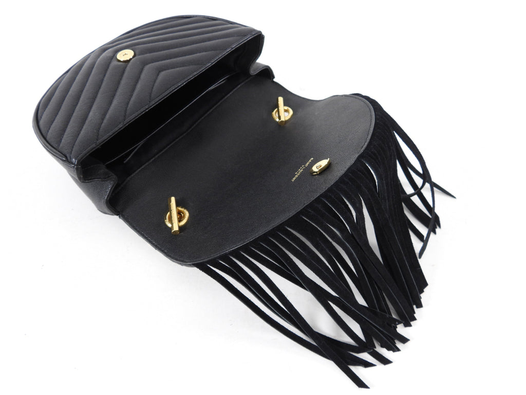 Saint Laurent Black Chevron Quilt Fringe Chain Shoulder Bag
