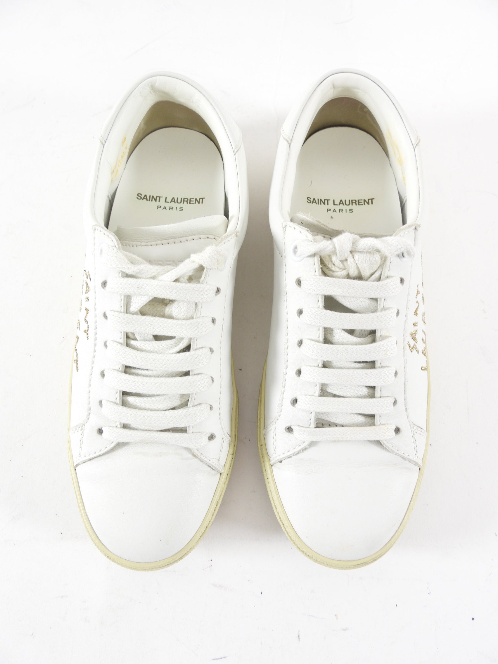 Saint Laurent White Leather Embroidered Logo Low Sneakers - 36