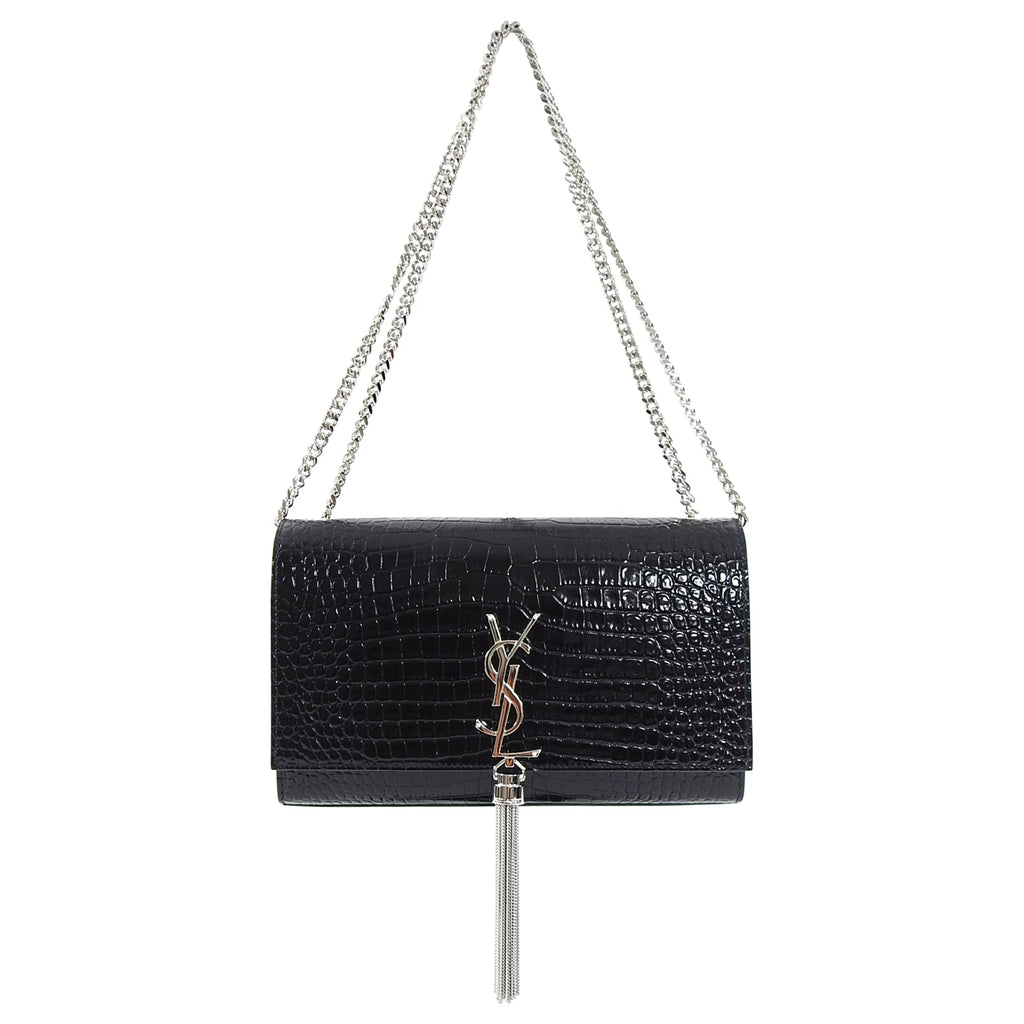 Saint Laurent Kate Black Croc Embossed Tassel Medium Chain Bag