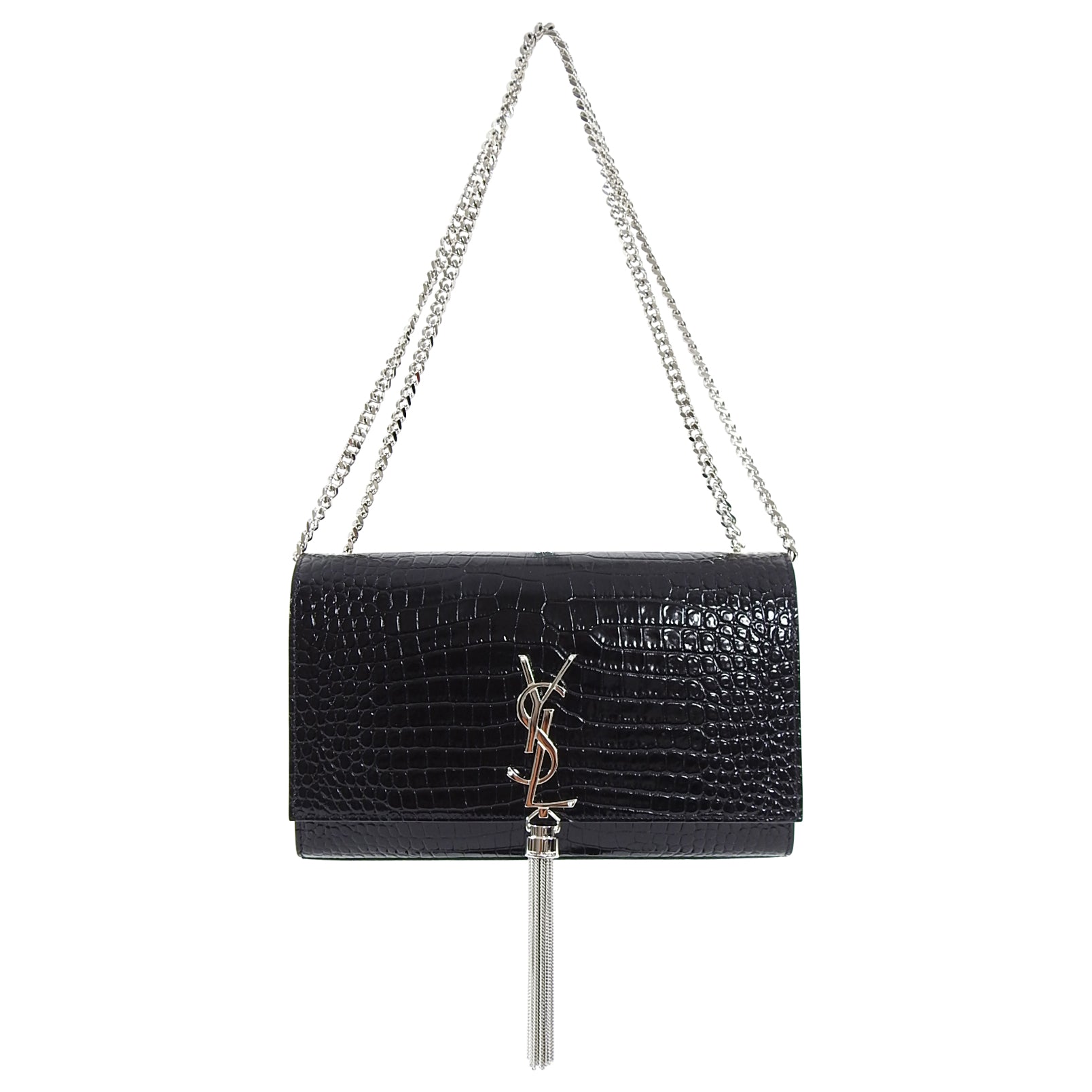Saint Laurent Kate Black Croc Embossed Tassel Medium Chain Bag