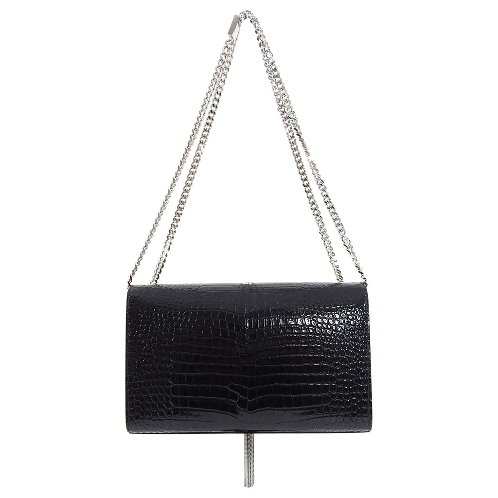 Saint Laurent Kate Black Croc Embossed Tassel Medium Chain Bag