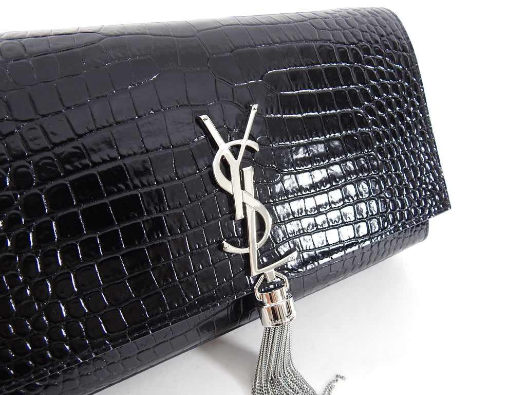 Saint Laurent Kate Black Croc Embossed Tassel Medium Chain Bag