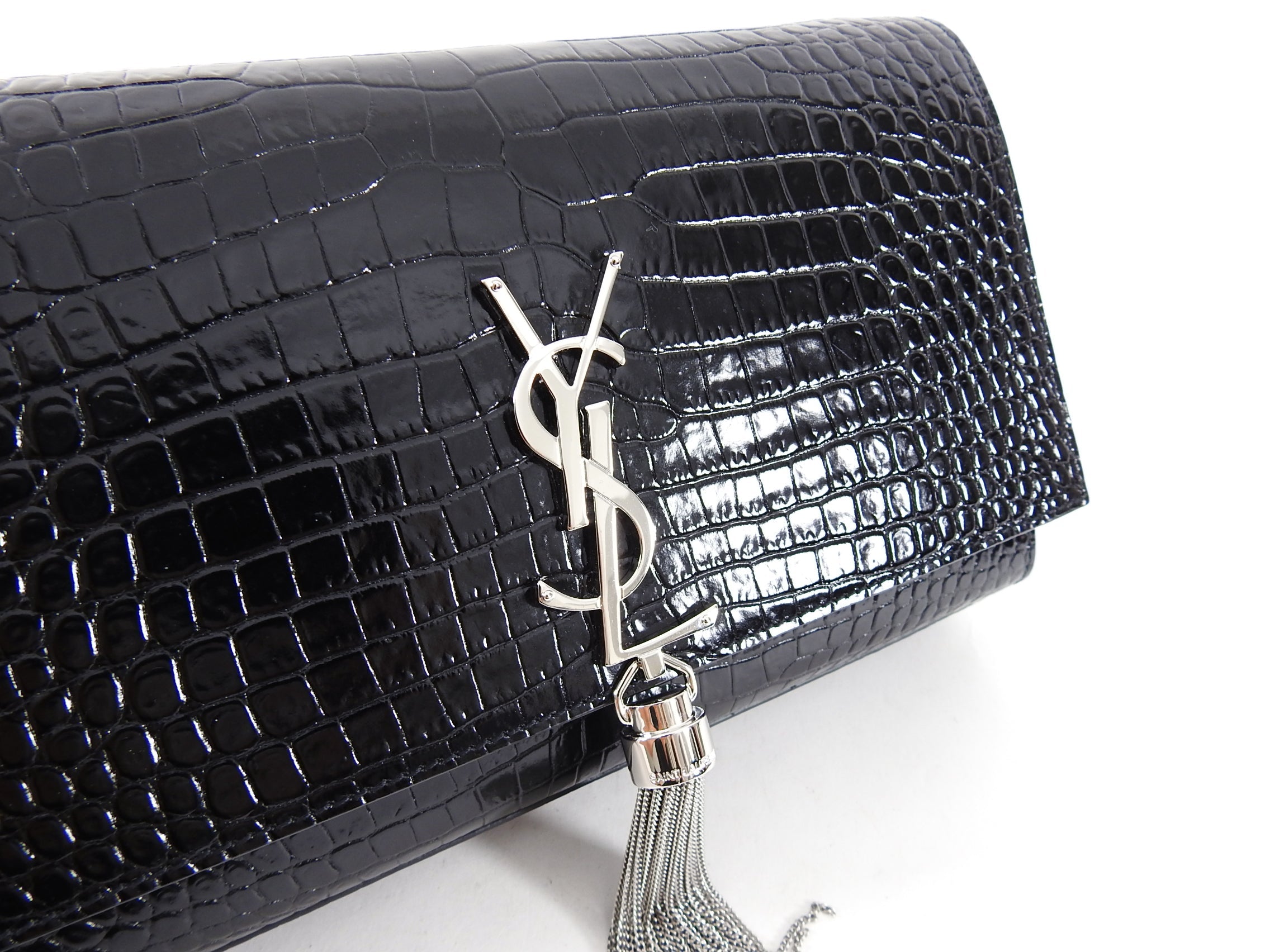Saint Laurent Kate Black Croc Embossed Tassel Medium Chain Bag