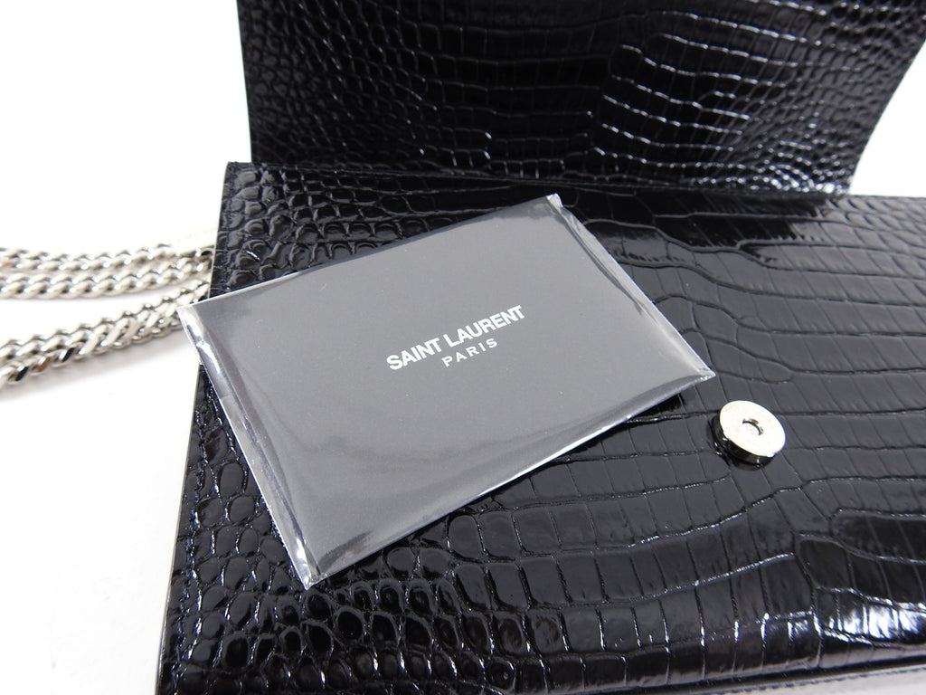 Saint Laurent Kate Black Croc Embossed Tassel Medium Chain Bag