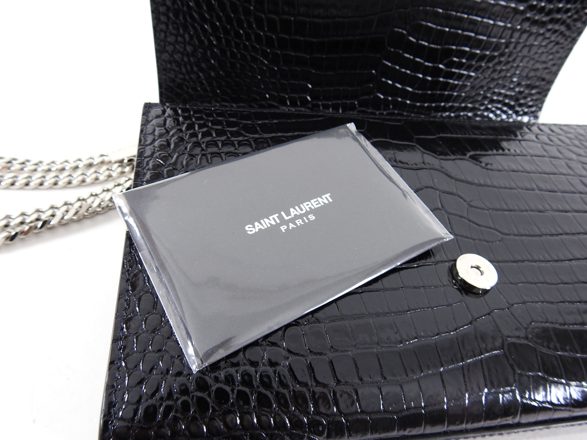 Saint Laurent Kate Black Croc Embossed Tassel Medium Chain Bag