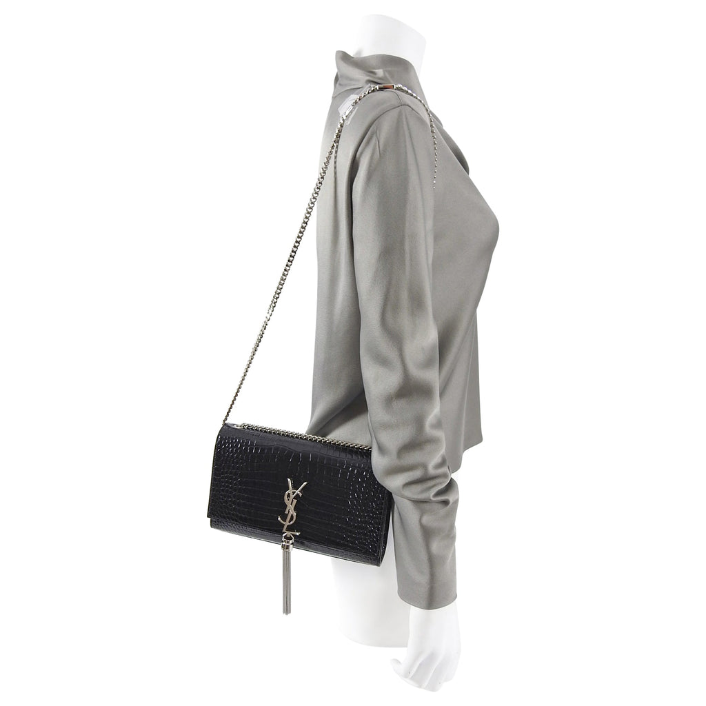 Saint Laurent Kate Black Croc Embossed Tassel Medium Chain Bag
