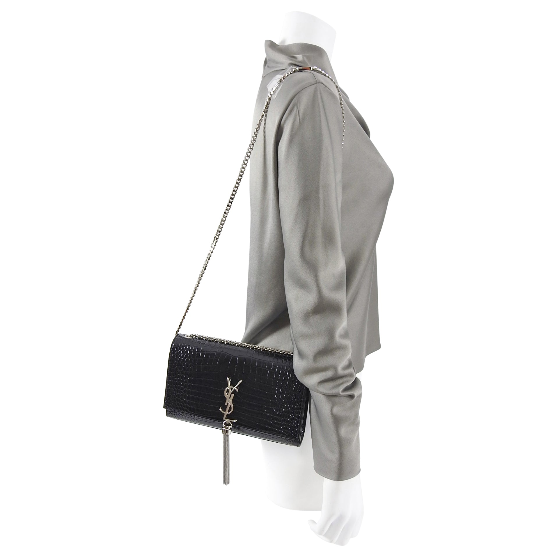 Saint Laurent Kate Black Croc Embossed Tassel Medium Chain Bag