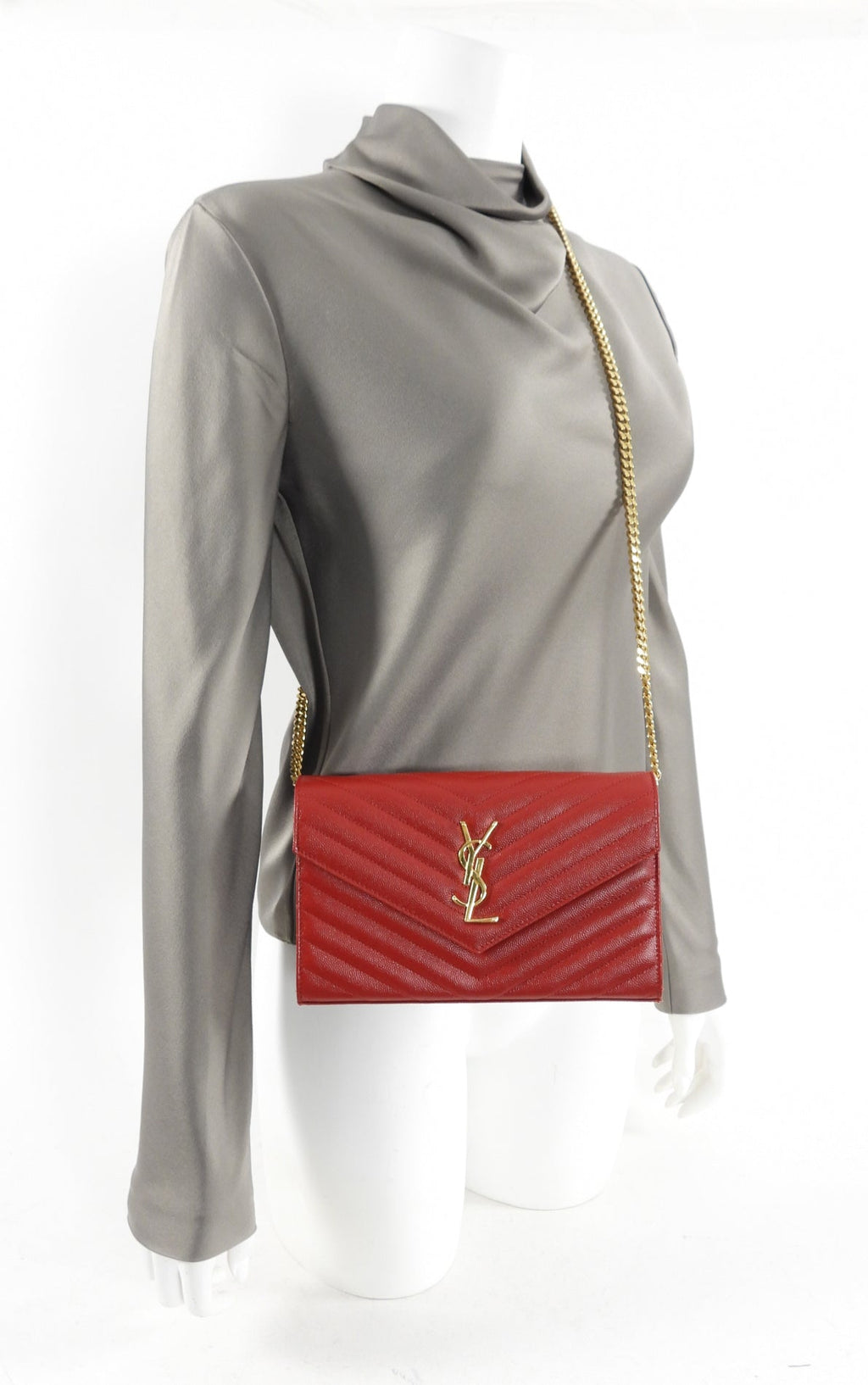 Saint Laurent Red Chevron Small Kate Wallet on Chain Bag