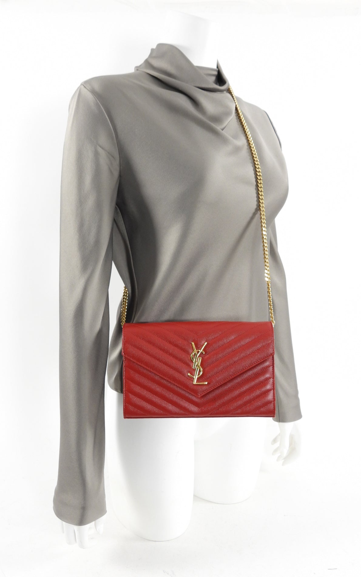 Saint Laurent Red Chevron Small Kate Wallet on Chain Bag