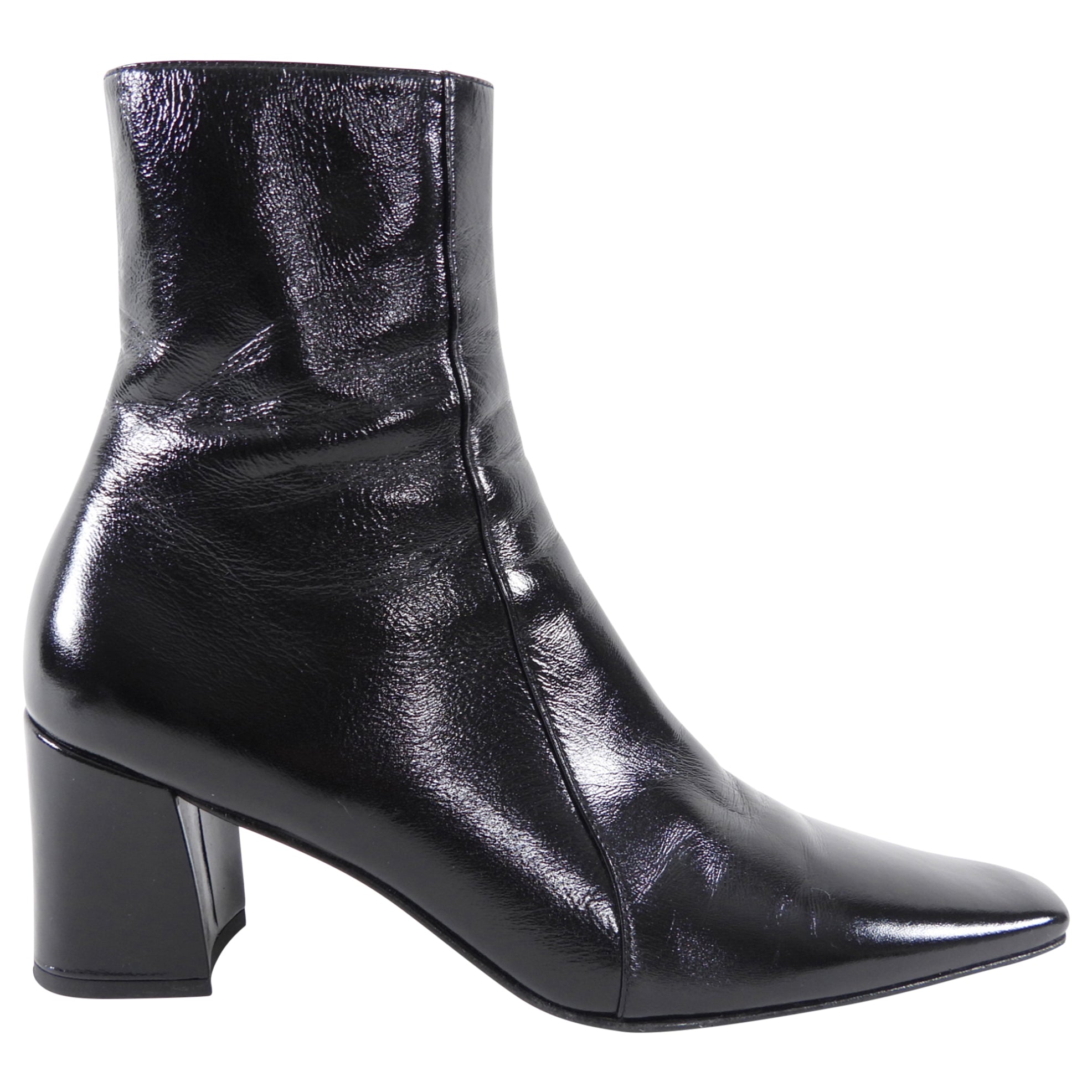 Saint Laurent Black Patent Leather Block Heel Ankle Boot - 37
