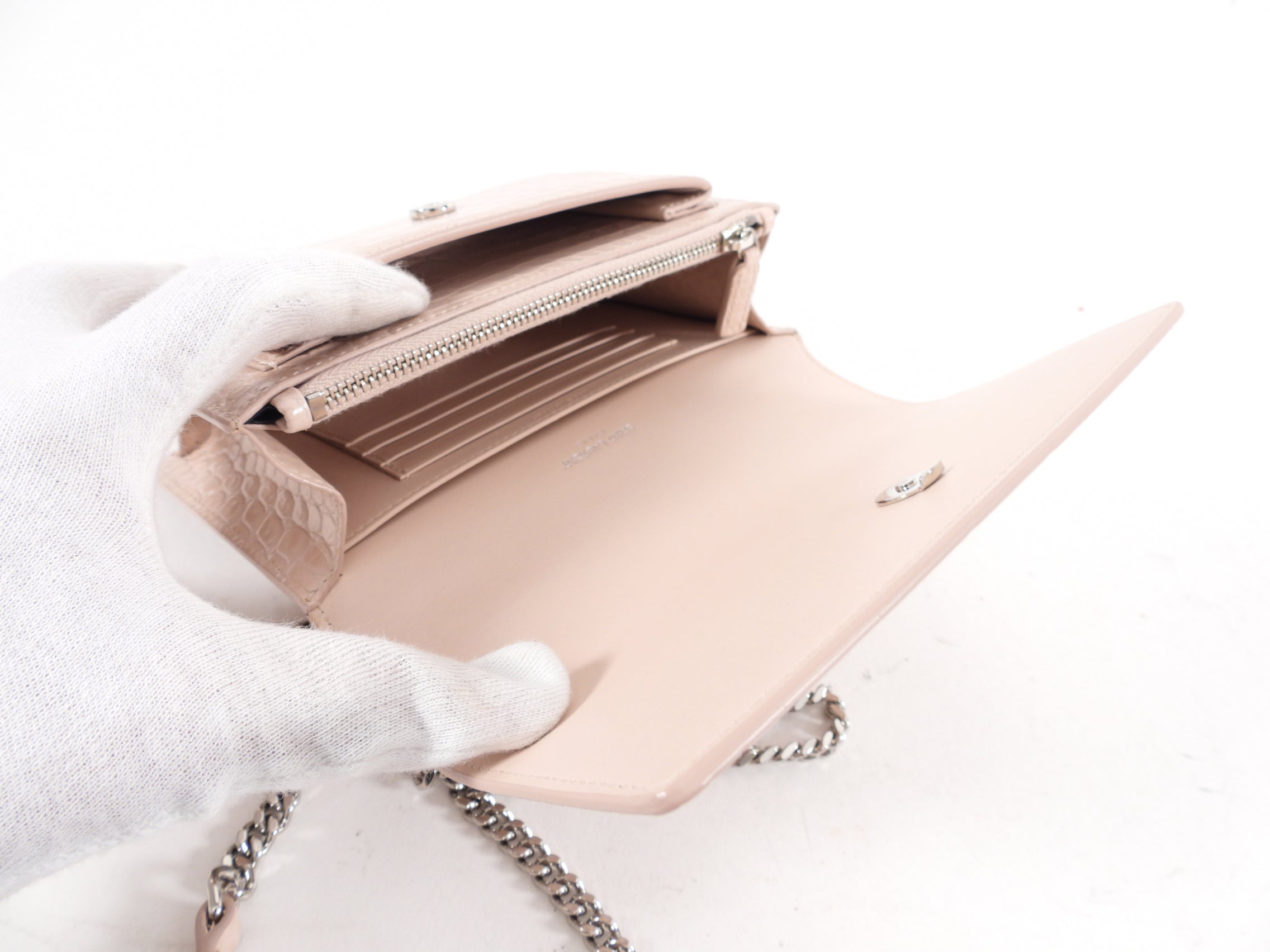 Saint Laurent Pink Croc Embossed Leather Mini Sunset Crossbody Bag