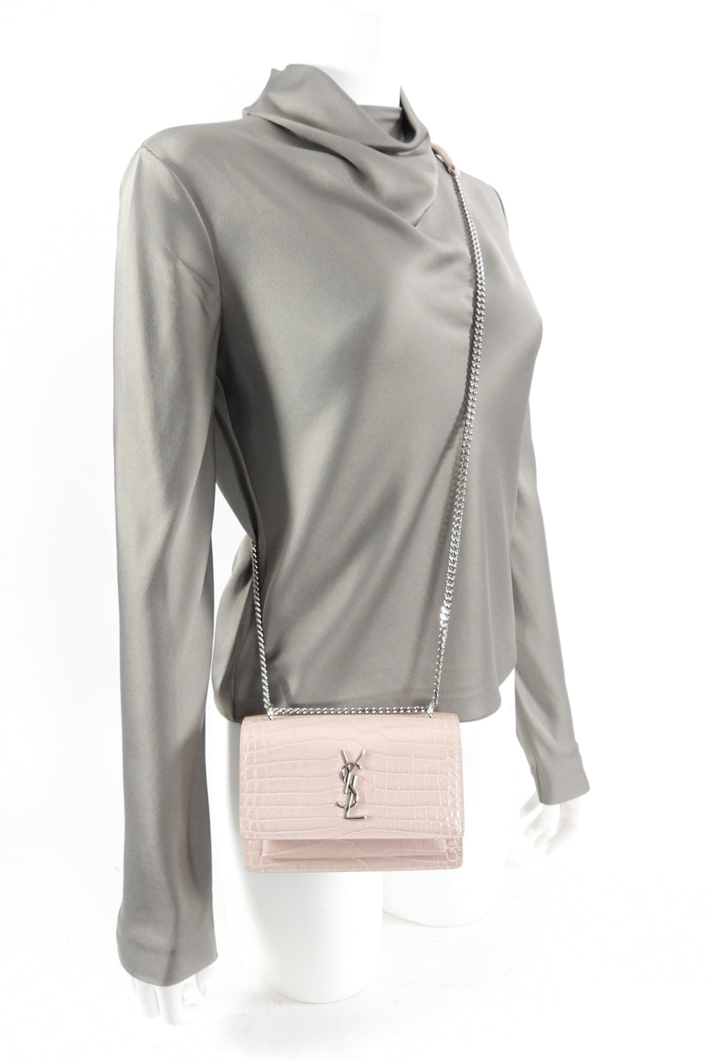 Saint Laurent Pink Croc Embossed Leather Mini Sunset Crossbody Bag