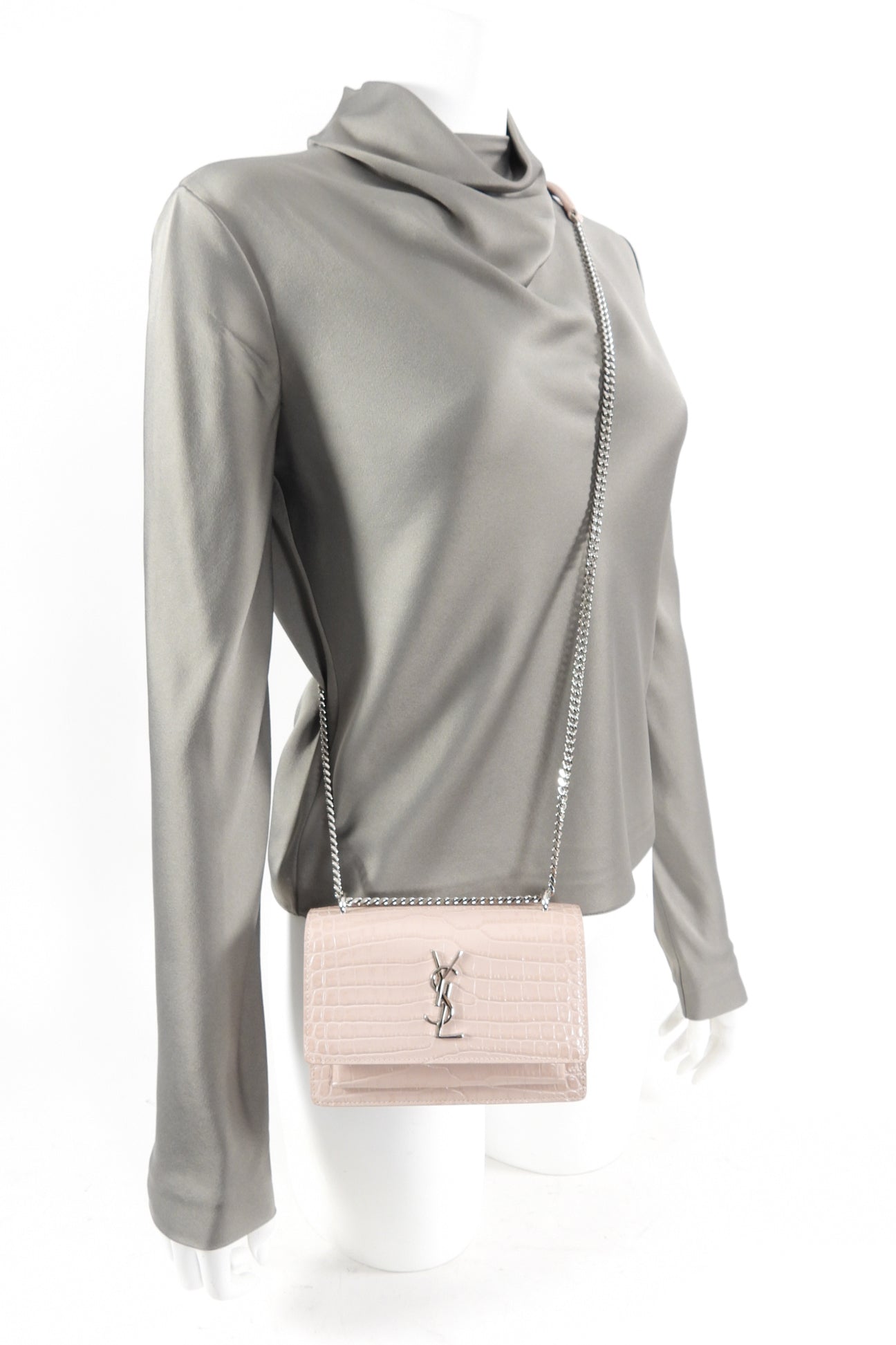 Saint Laurent Pink Croc Embossed Leather Mini Sunset Crossbody Bag
