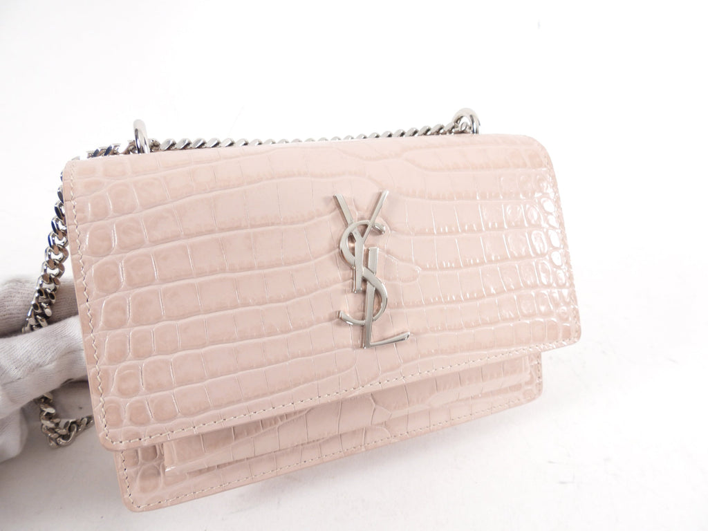 Saint Laurent Pink Croc Embossed Leather Mini Sunset Crossbody Bag