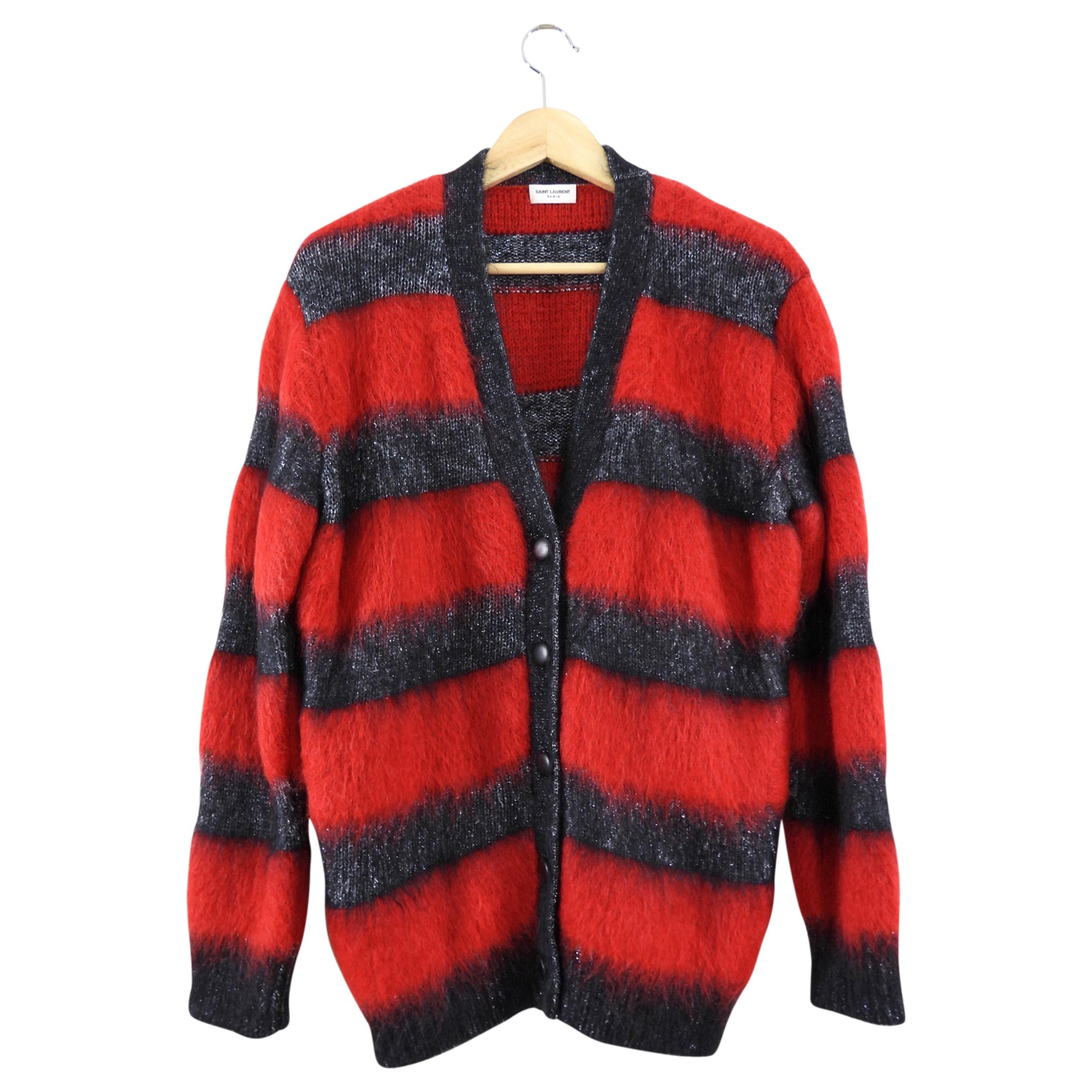 Saint Laurent Red and Black Stripe Mohair igan Sweater - XS / S