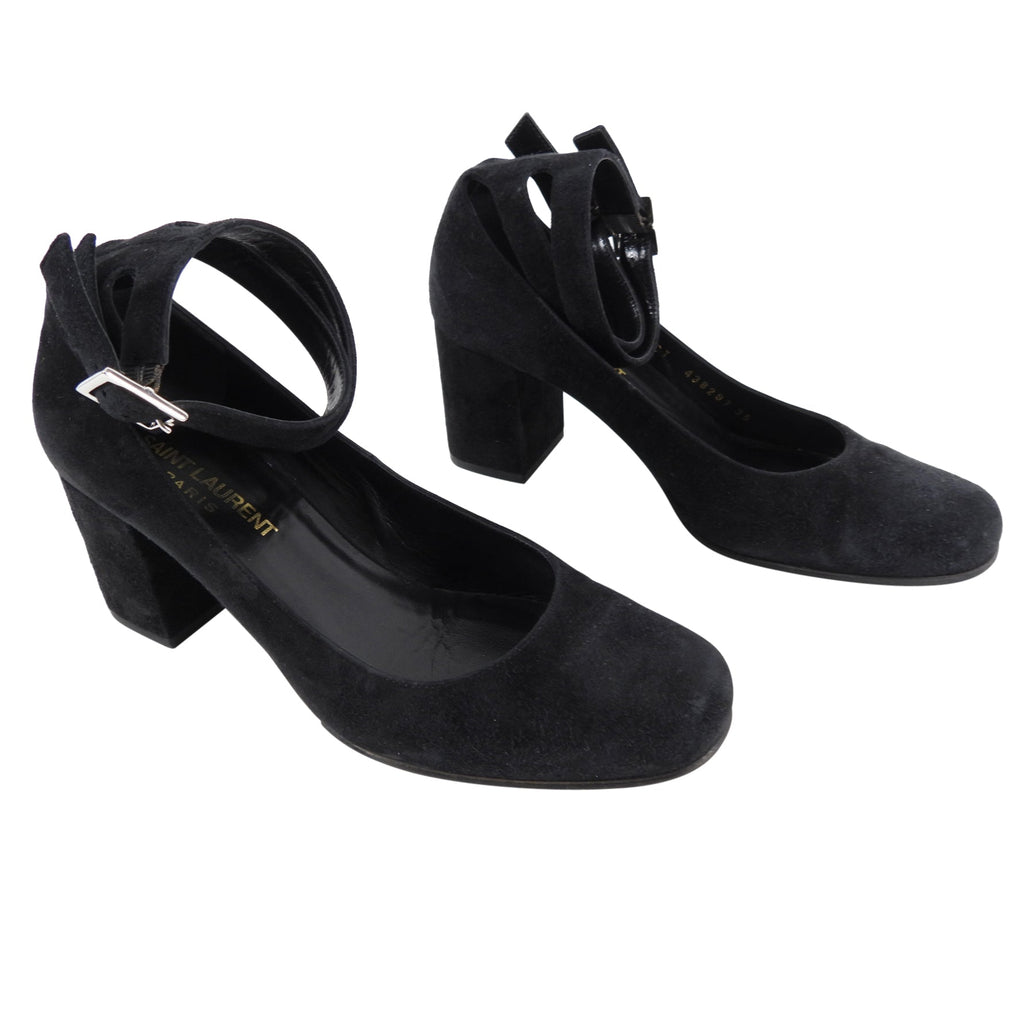 Saint Laurent Black Suede Double Ankle Strap Heel - 35