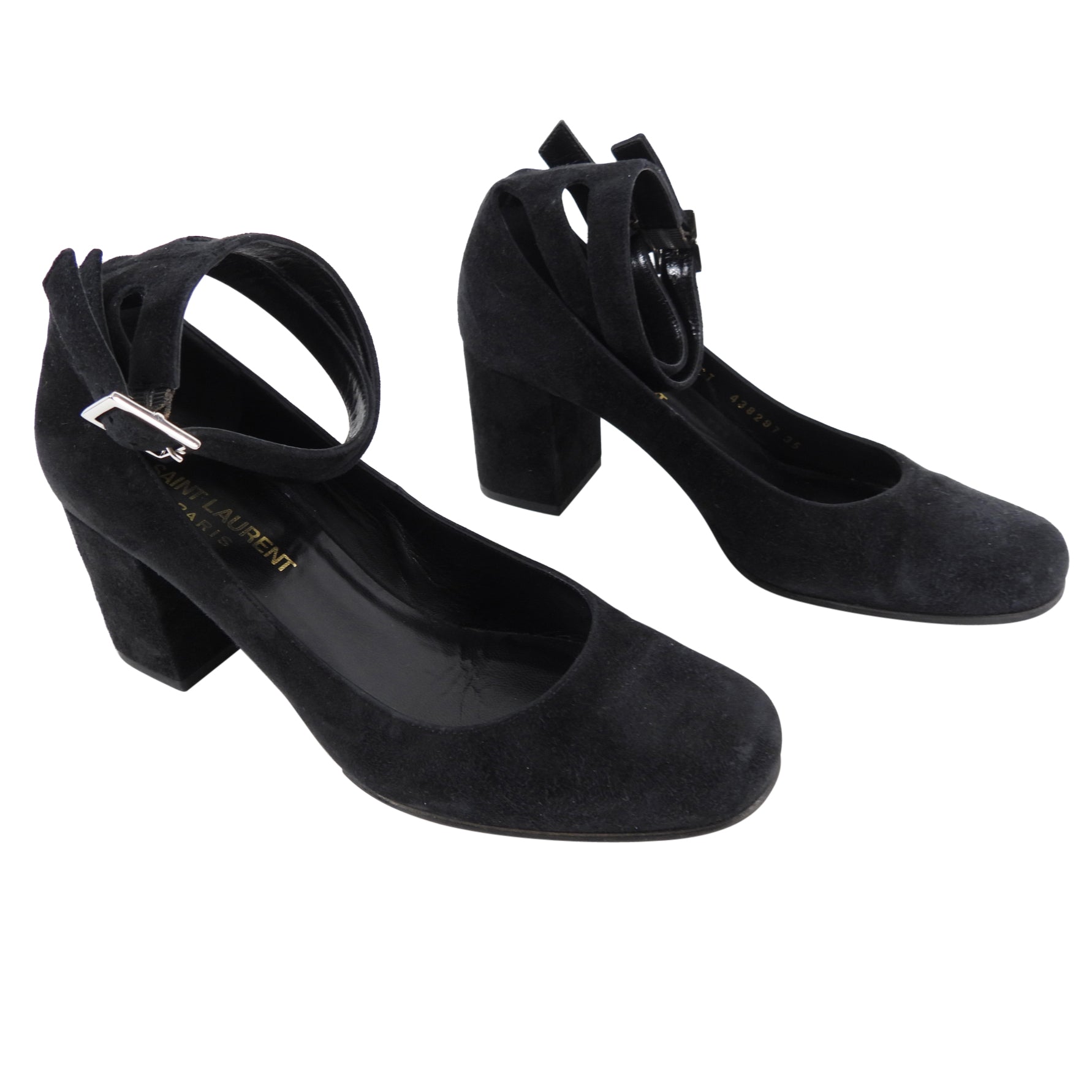 Saint Laurent Black Suede Double Ankle Strap Heel - 35