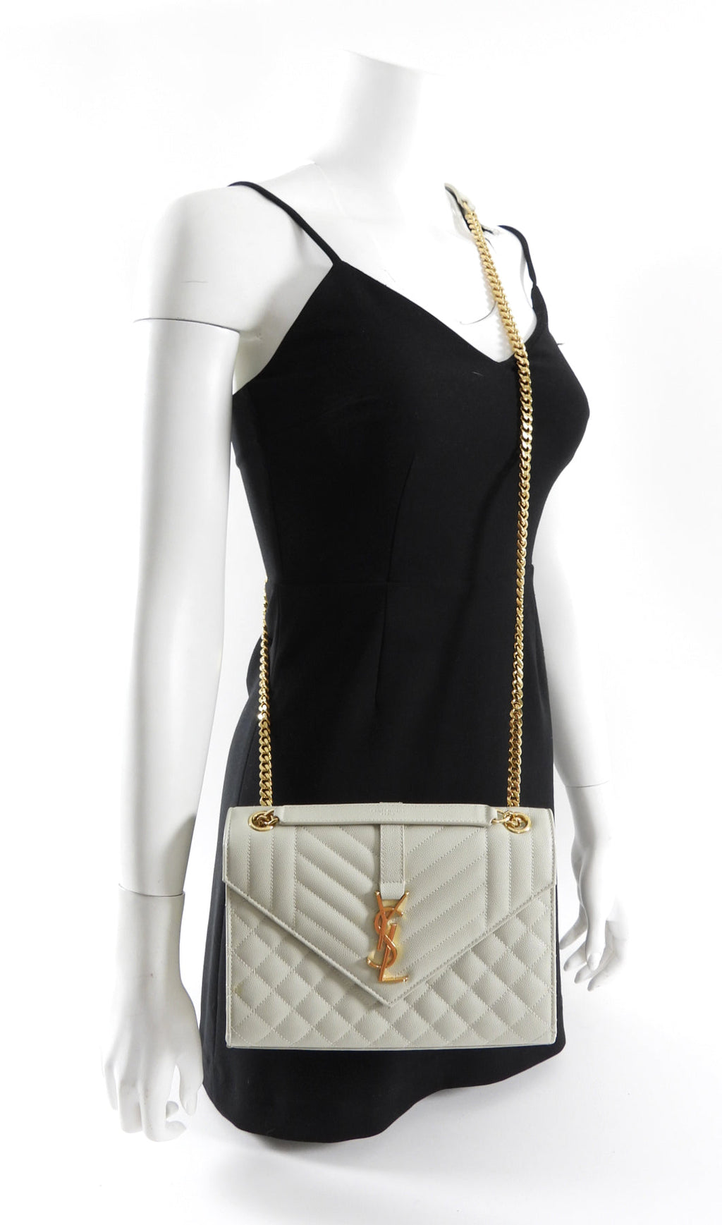 Saint Laurent Light Ecru Grey Tri Quilt Medium Chain Flap Bag