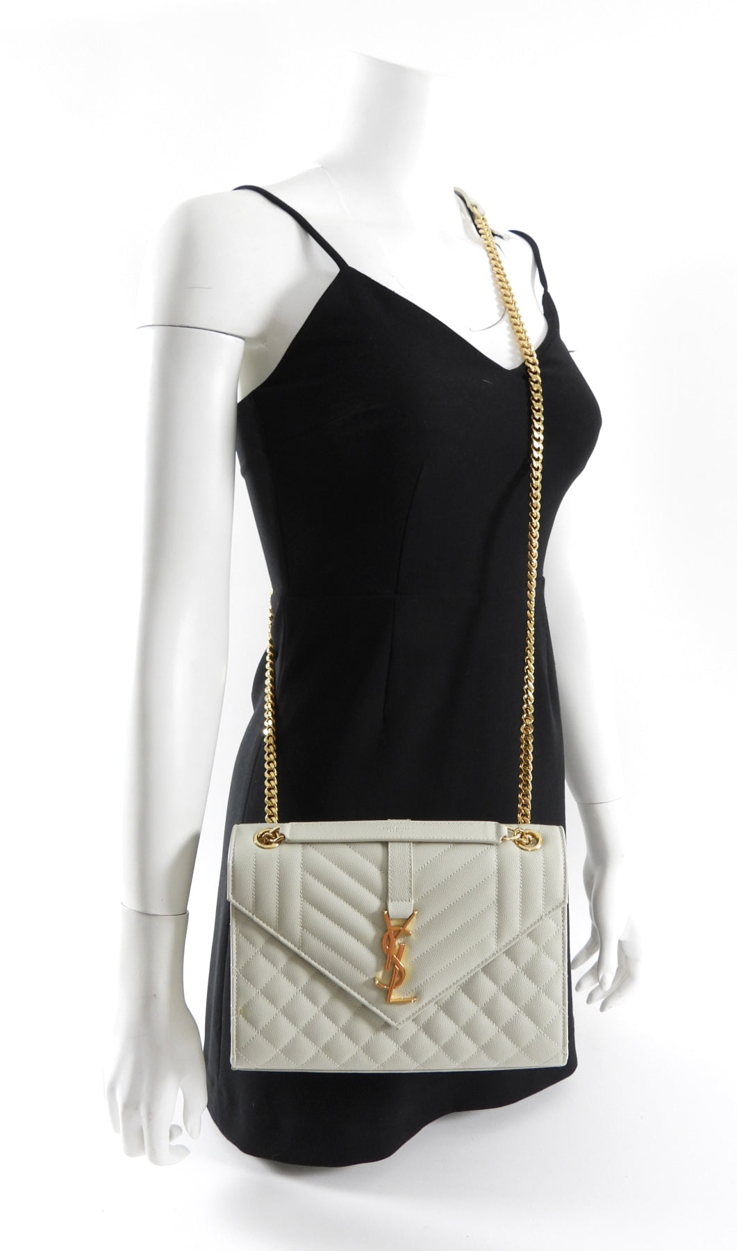 Saint Laurent Light Ecru Grey Tri Quilt Medium Chain Flap Bag