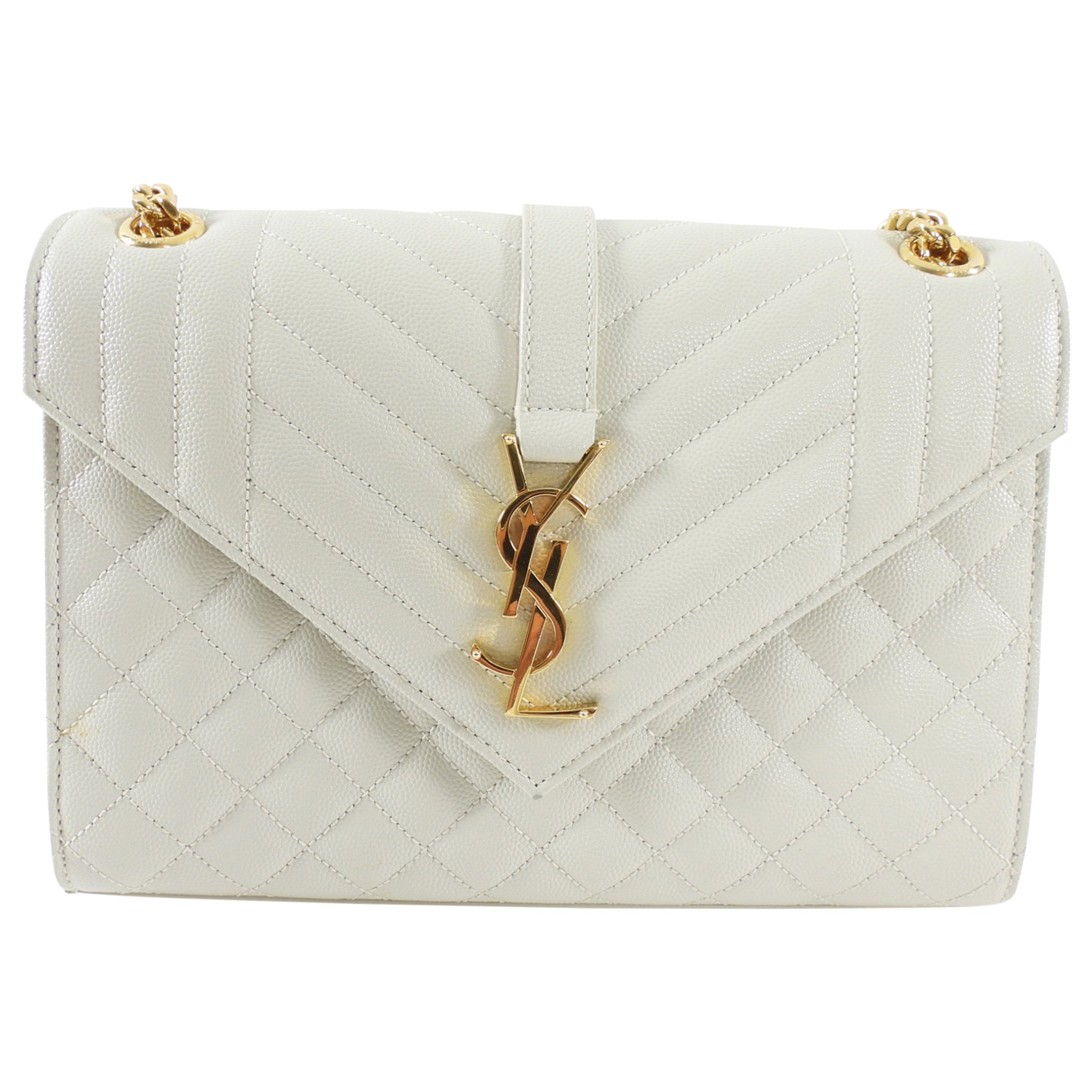Saint Laurent Light Ecru Grey Tri Quilt Medium Chain Flap Bag
