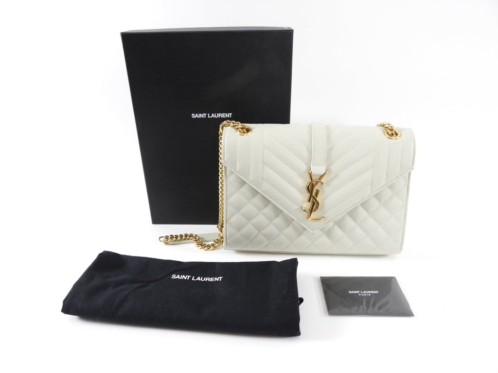 Saint Laurent Light Ecru Grey Tri Quilt Medium Chain Flap Bag