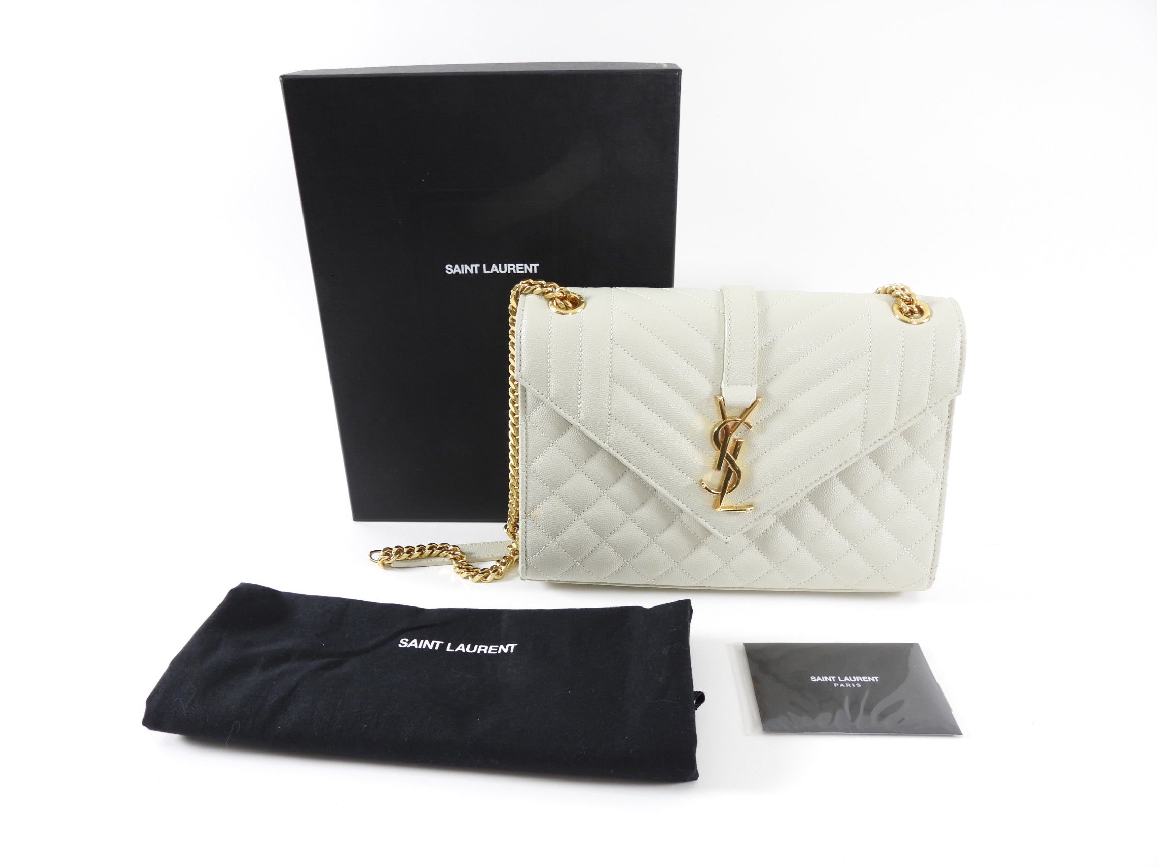 Saint Laurent Light Ecru Grey Tri Quilt Medium Chain Flap Bag