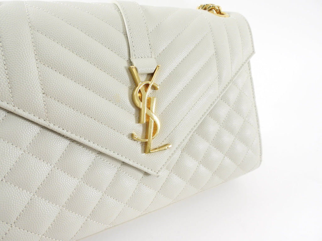 Saint Laurent Light Ecru Grey Tri Quilt Medium Chain Flap Bag