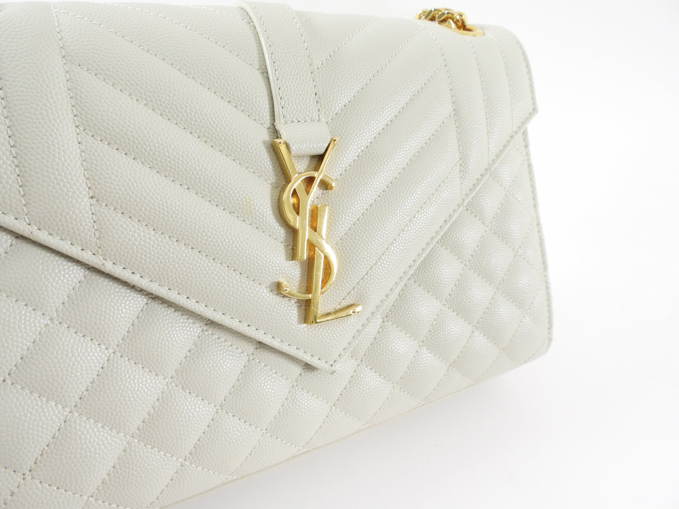 Saint Laurent Light Ecru Grey Tri Quilt Medium Chain Flap Bag