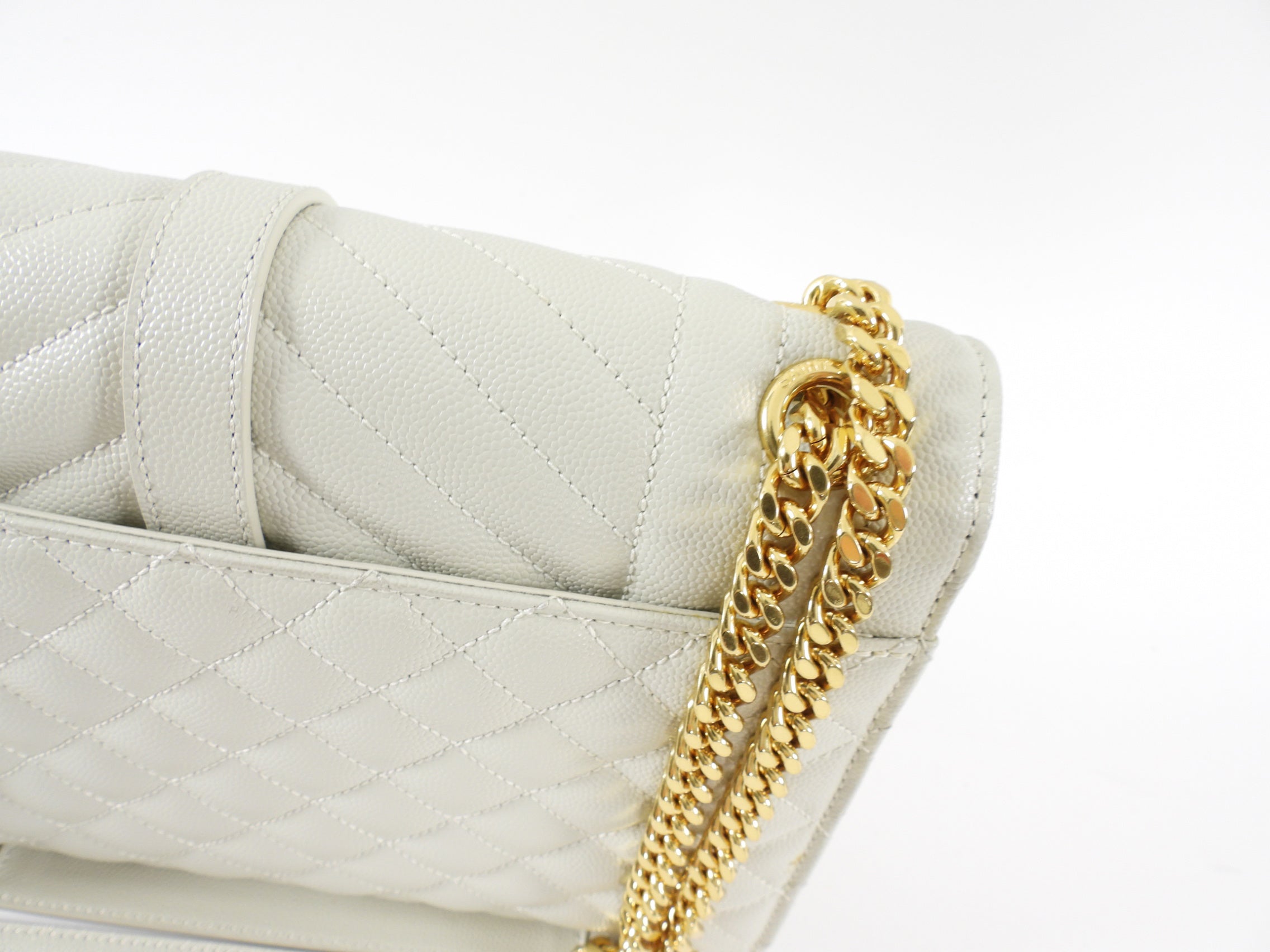 Saint Laurent Light Ecru Grey Tri Quilt Medium Chain Flap Bag