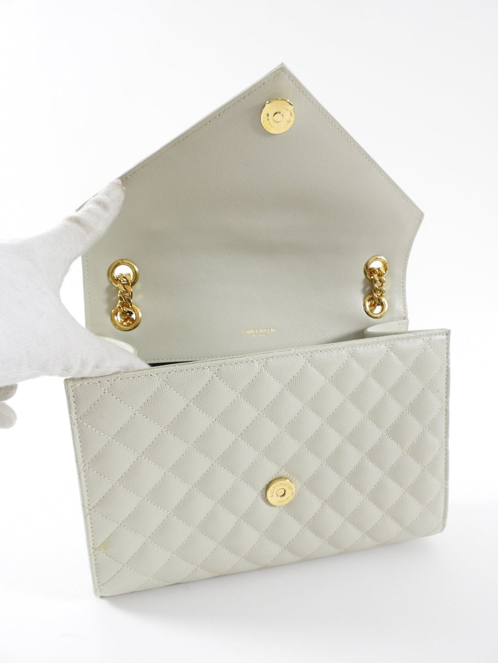 Saint Laurent Light Ecru Grey Tri Quilt Medium Chain Flap Bag