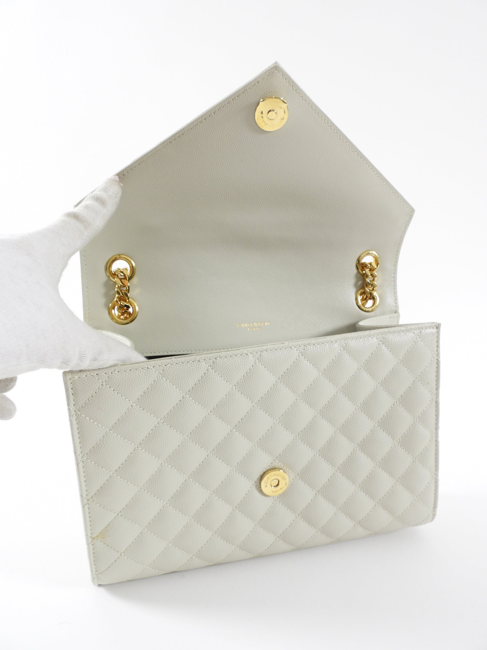 Saint Laurent Light Ecru Grey Tri Quilt Medium Chain Flap Bag