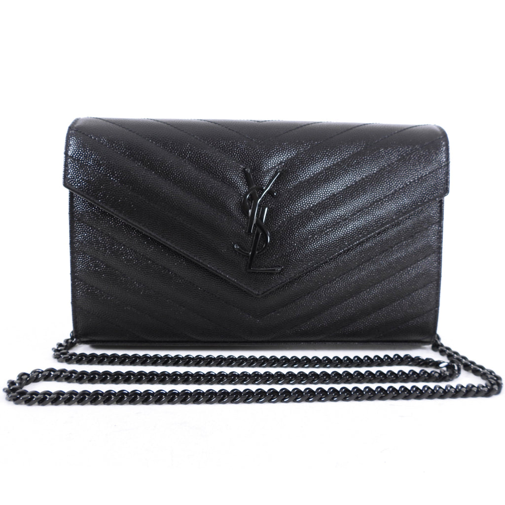 Saint Laurent All Black Monogram Chevron Envelope Chain Wallet