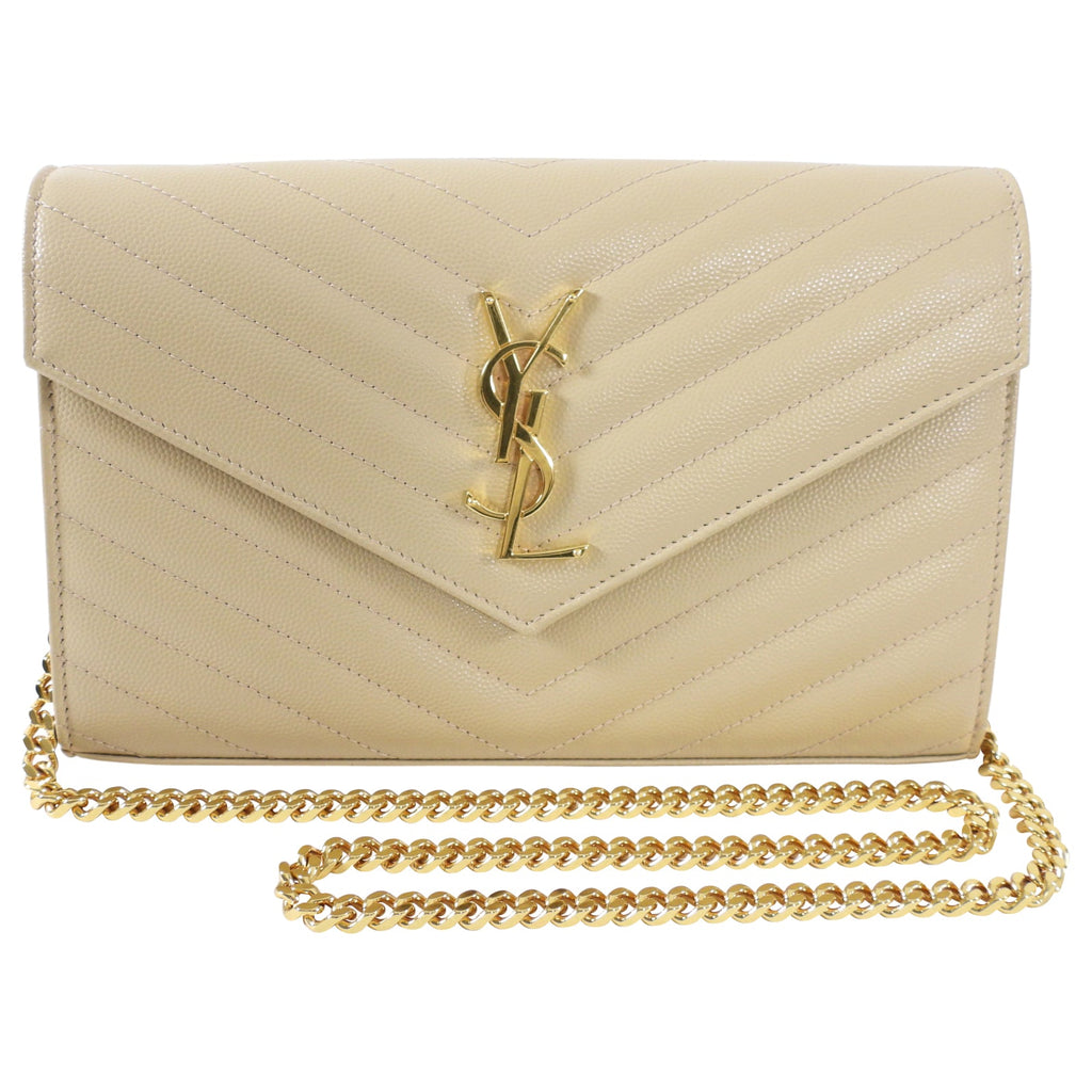 Saint Laurent Beige Chevron Monogramme Chain Wallet Bag
