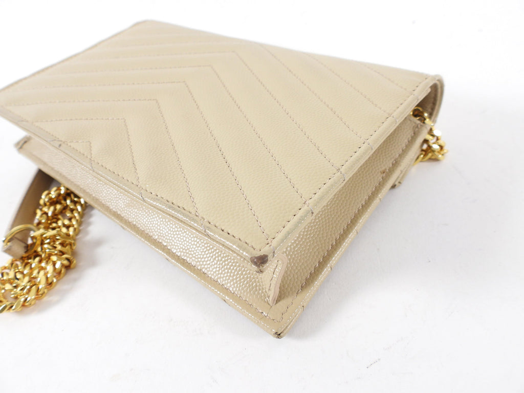 Saint Laurent Beige Chevron Monogram Wallet on Chain Crossbody