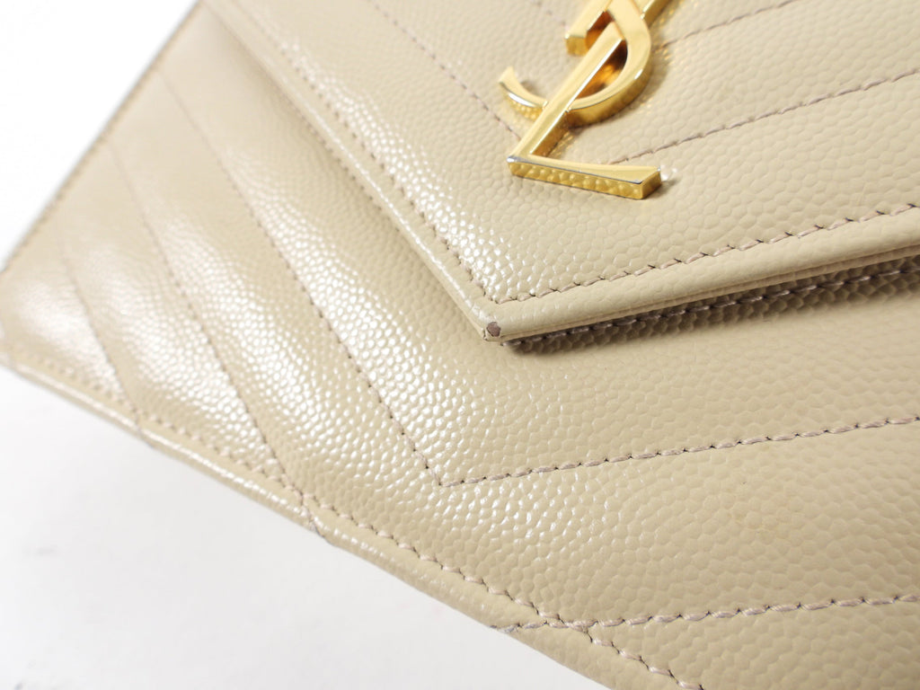 Saint Laurent Beige Chevron Monogram Wallet on Chain Crossbody