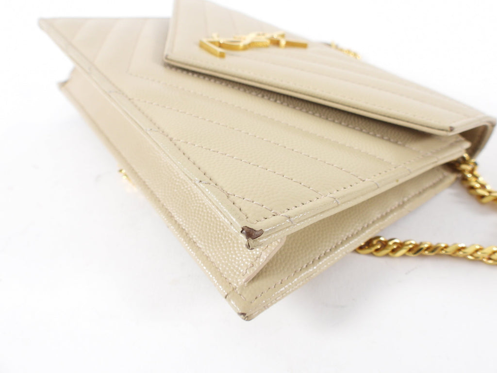 Saint Laurent Beige Chevron Monogram Wallet on Chain Crossbody