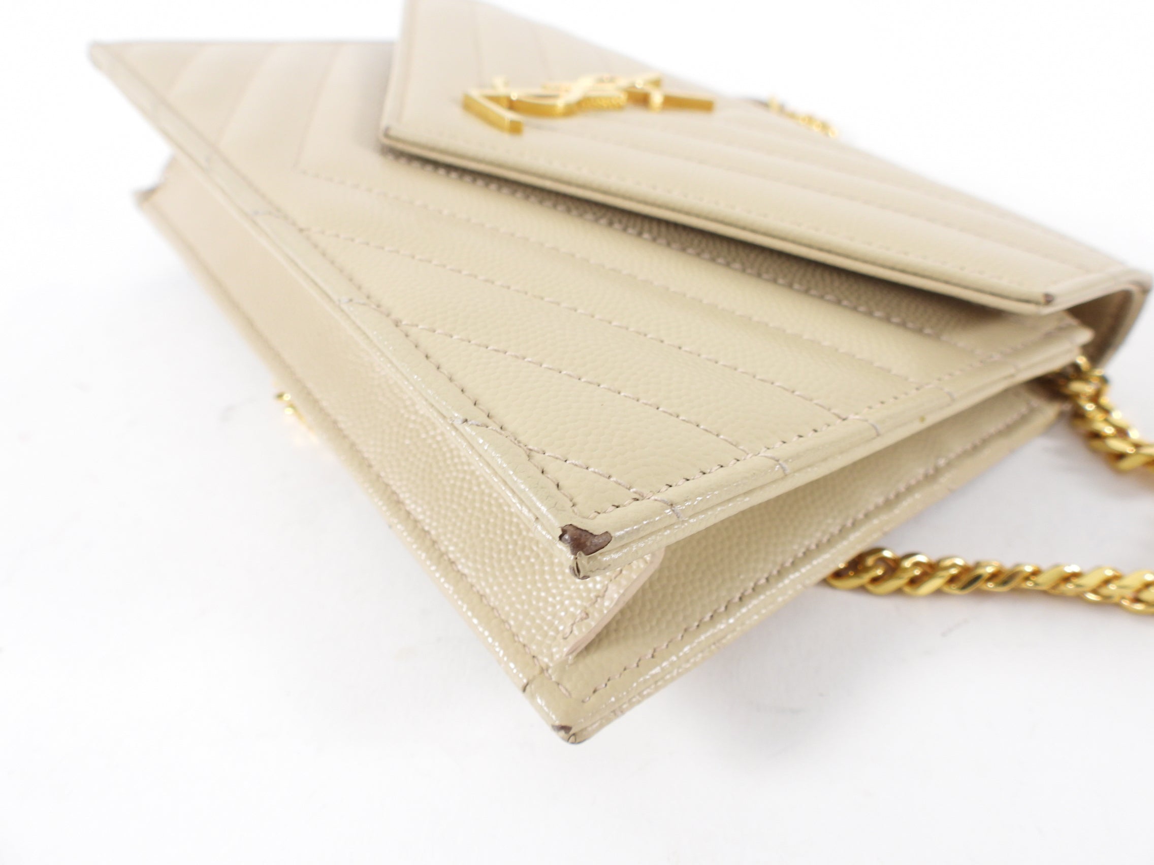 Saint Laurent Beige Chevron Monogram Wallet on Chain Crossbody