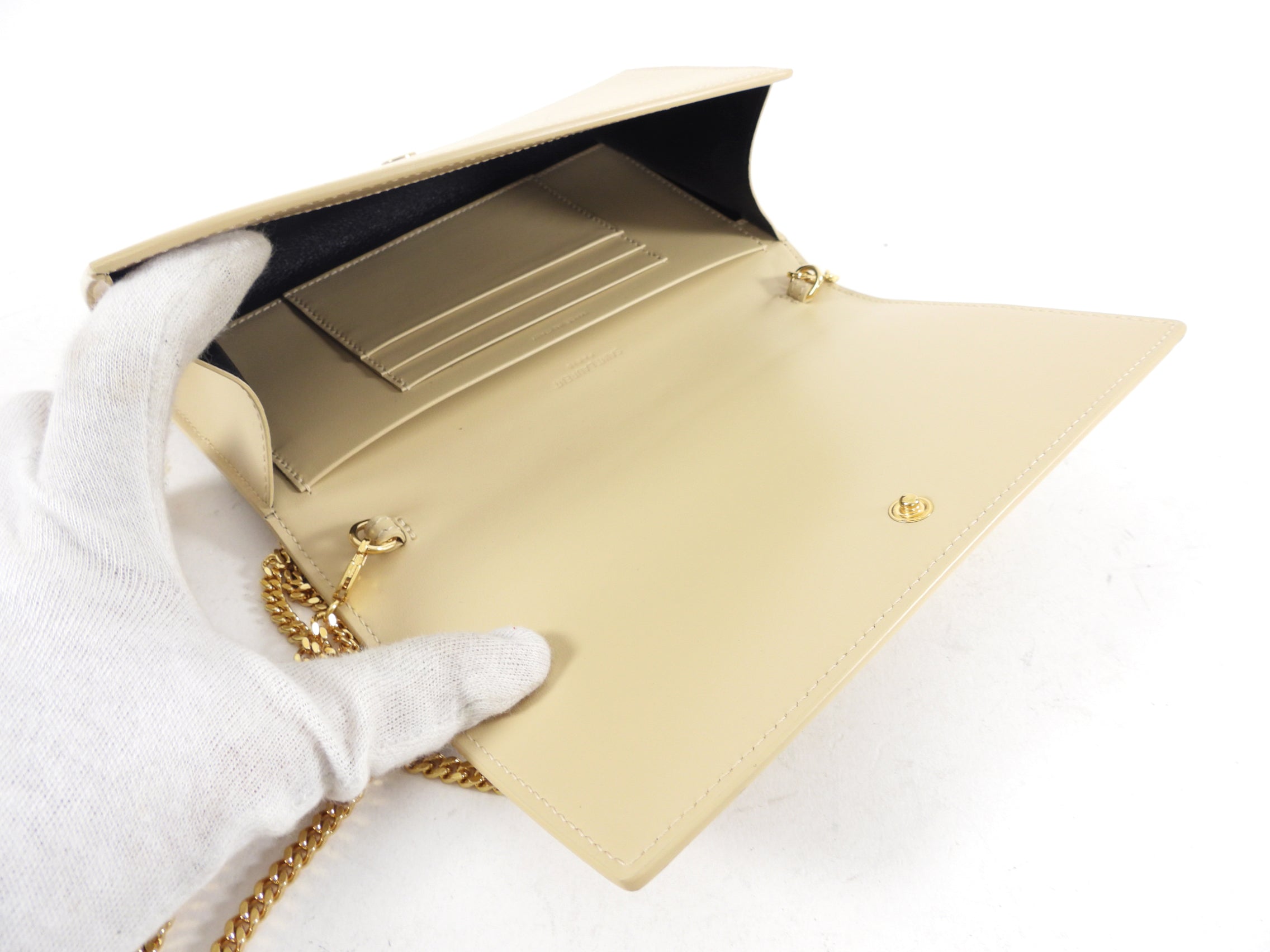 Saint Laurent Beige Smooth Leather Wallet on Chain