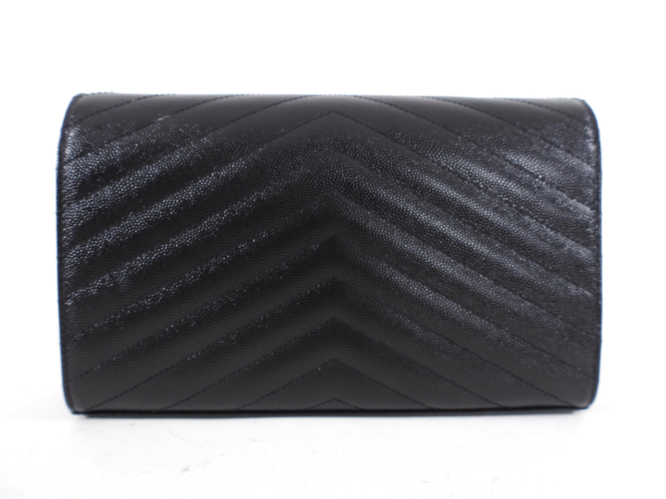 Saint Laurent All Black Monogram Chevron Envelope Chain Wallet